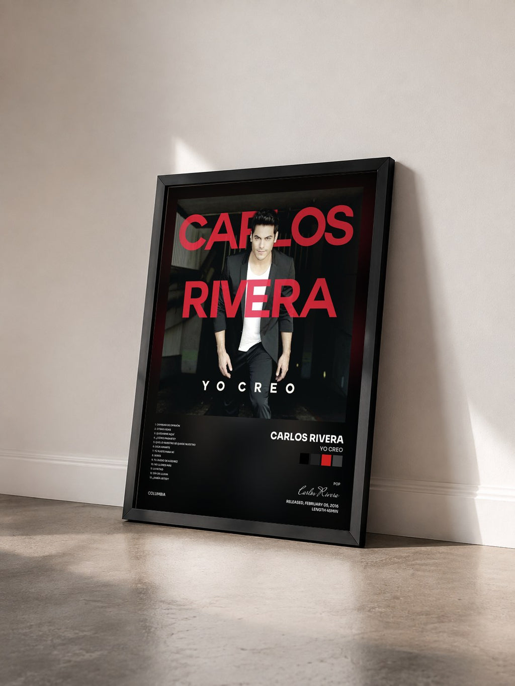 #noir Tableau de l'album Yo Creo de Carlos Rivera vu de trois quarts, cadre noir