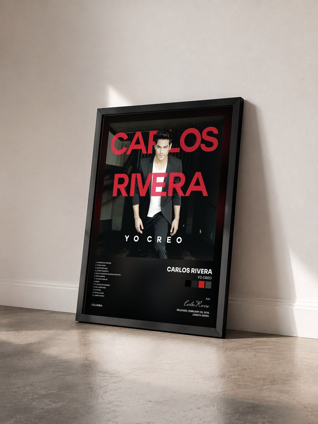 #noir Tableau de l'album Yo Creo de Carlos Rivera vu de trois quarts, cadre noir
