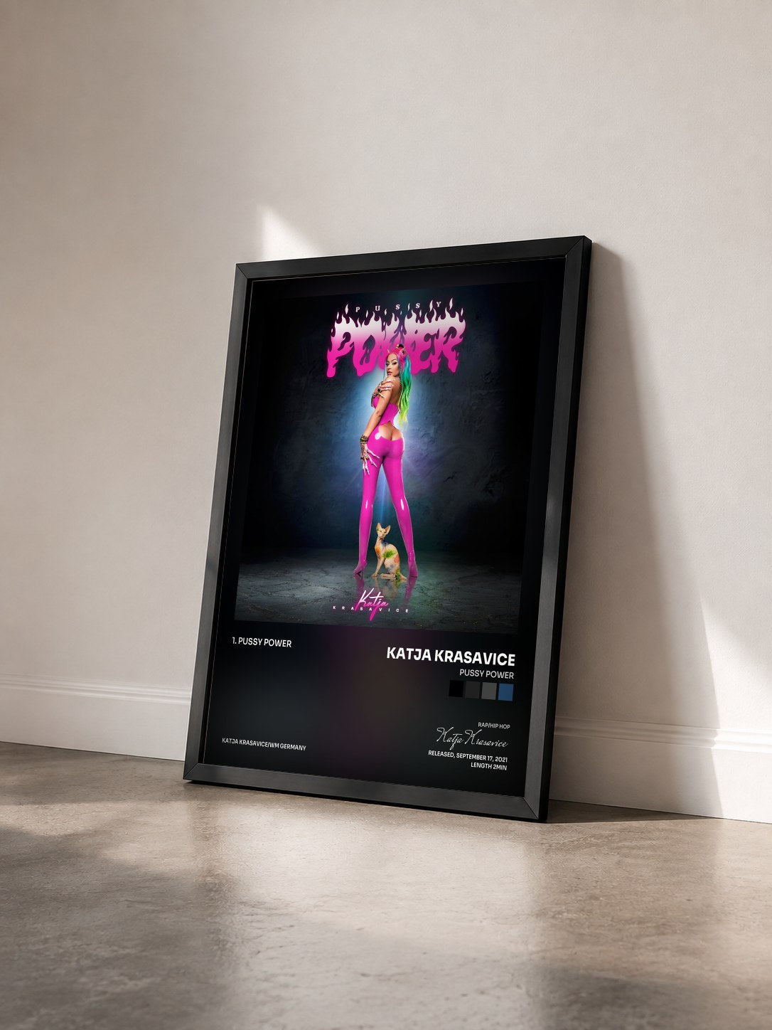 #noir Tableau de l'album Pussy Power de Katja Krasavice vu de trois quarts, cadre noir