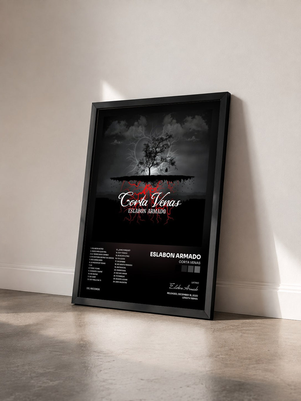 #noir Tableau de l'album Corta Venas de Eslabon Armado vu de trois quarts, cadre noir