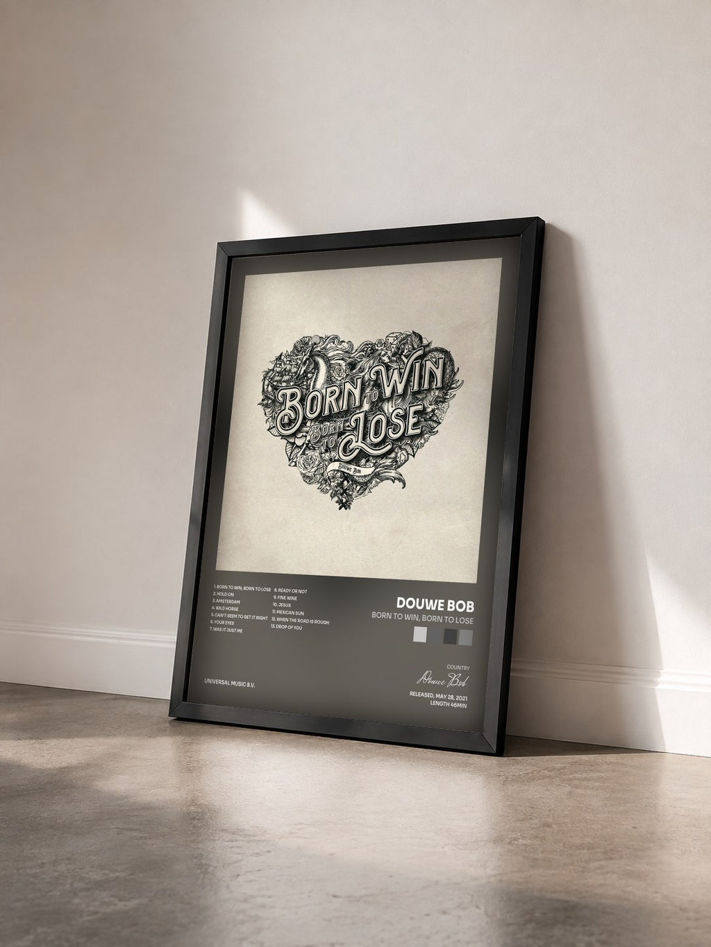 #noir Tableau de l'album Born To Win, Born To Lose de Douwe Bob vu de trois quarts, cadre noir
