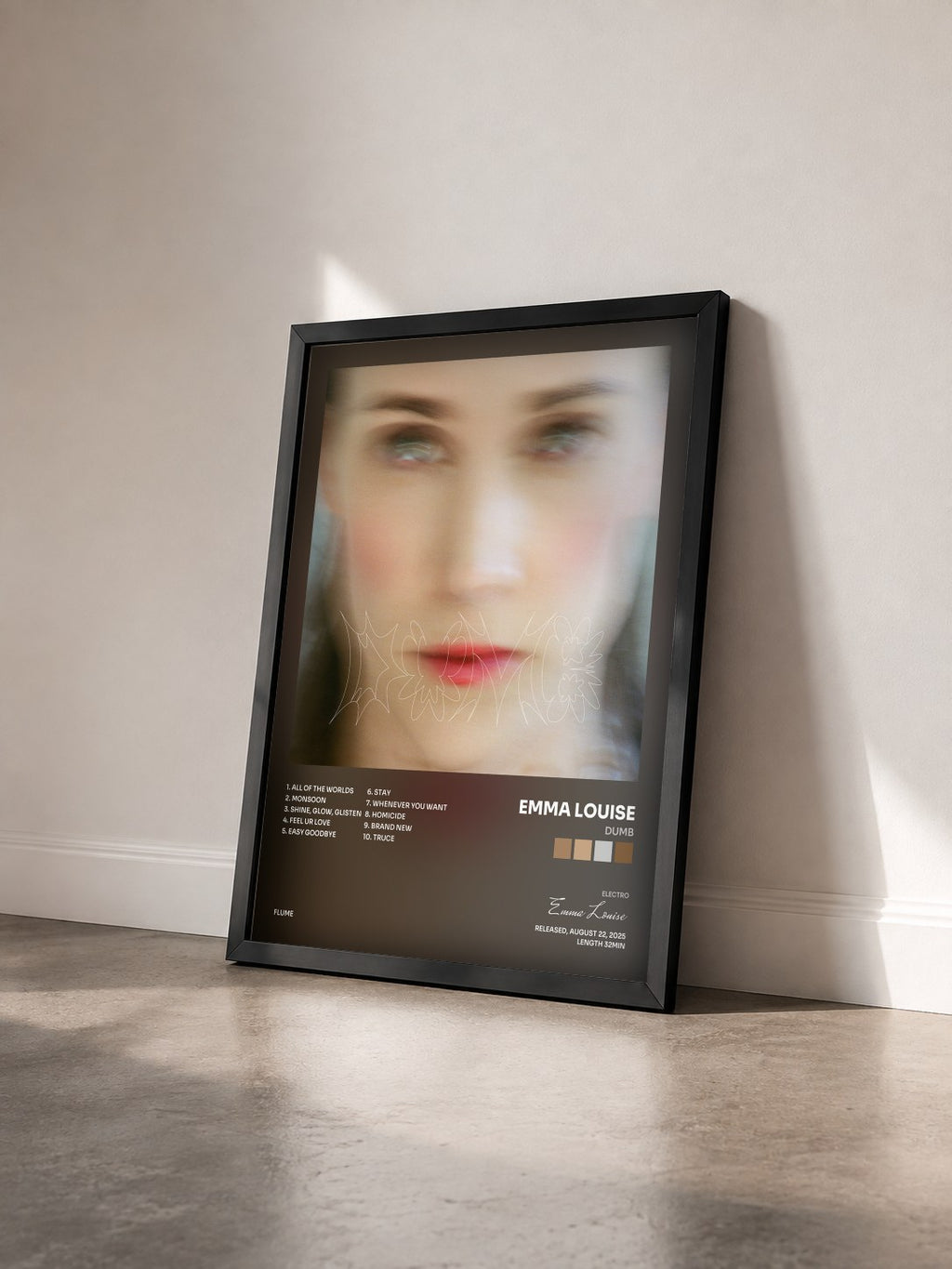#noir Tableau de l'album DUMB de Emma Louise vu de trois quarts, cadre noir