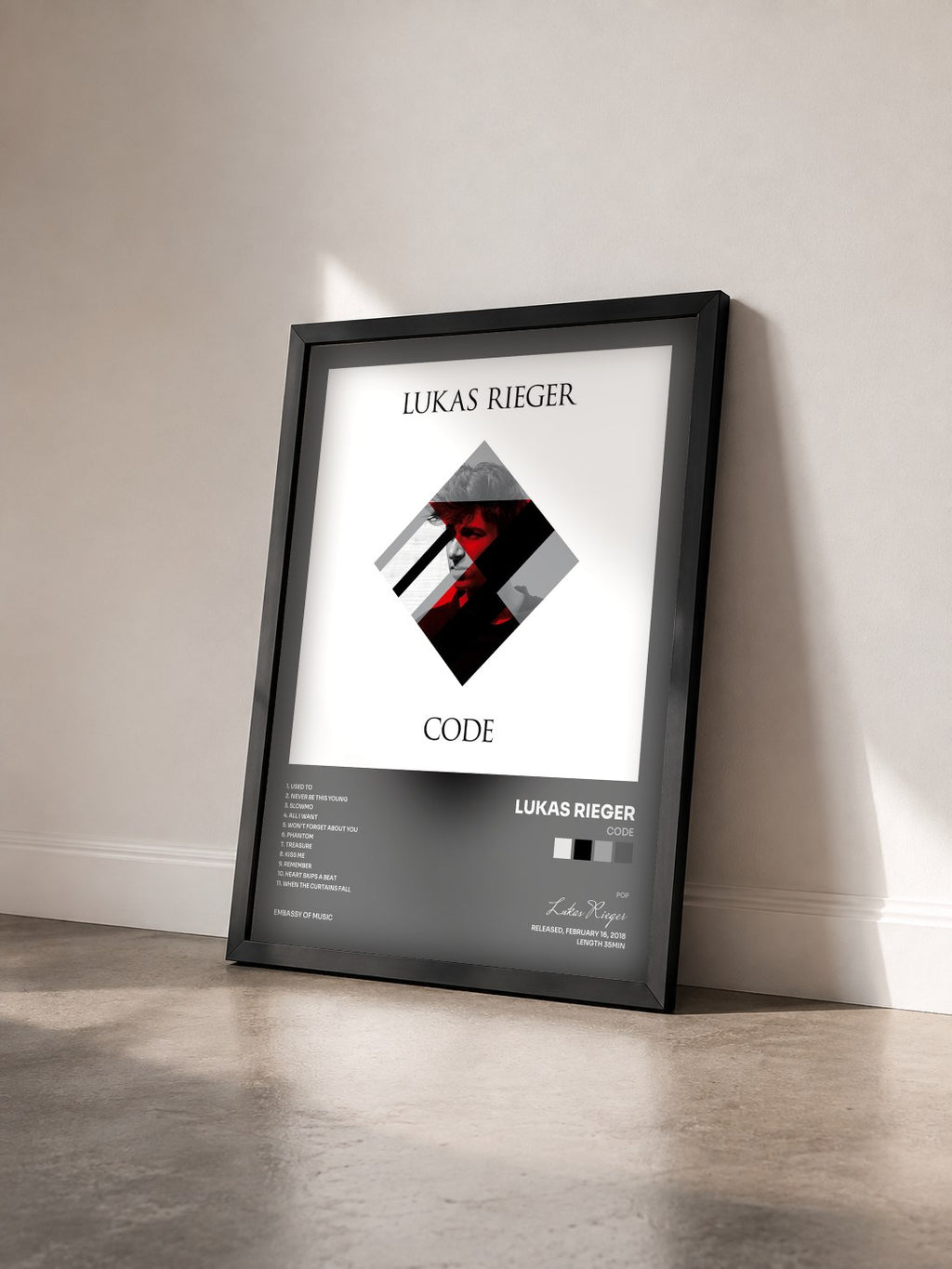 #noir Tableau de l'album Code de Lukas Rieger vu de trois quarts, cadre noir