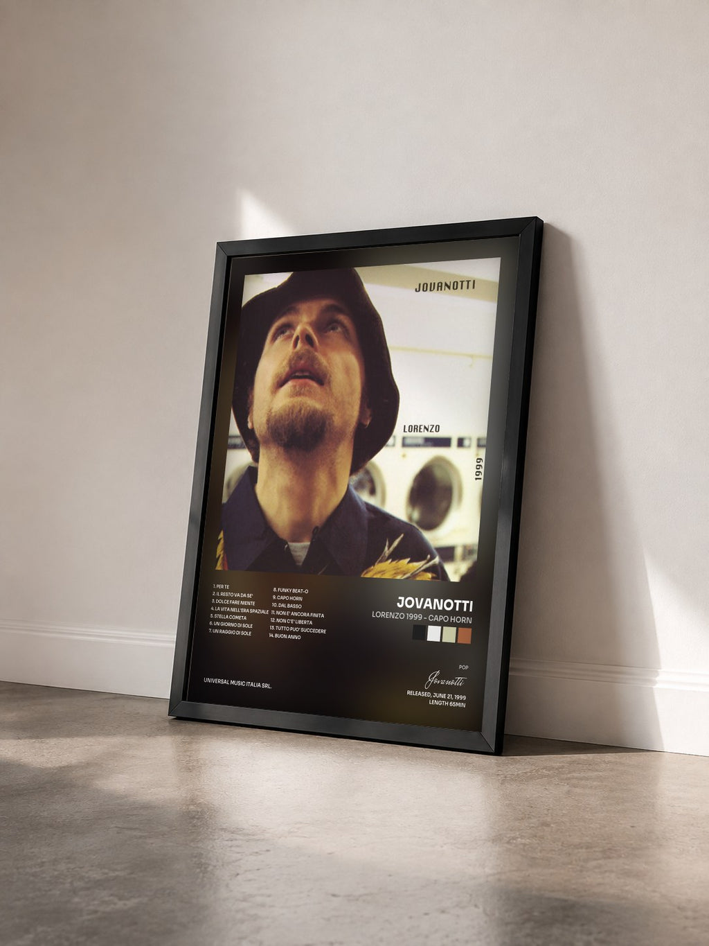 #noir Tableau de l'album Lorenzo 1999 - Capo Horn de Jovanotti vu de trois quarts, cadre noir