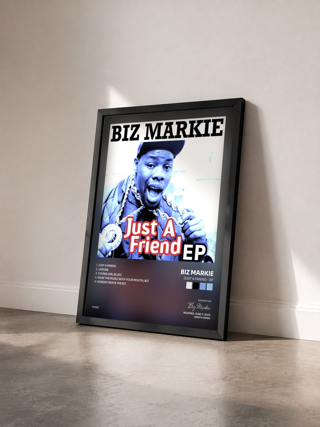 #noir Tableau de l'album Just a Friend - EP de Biz Markie vu de trois quarts, cadre noir
