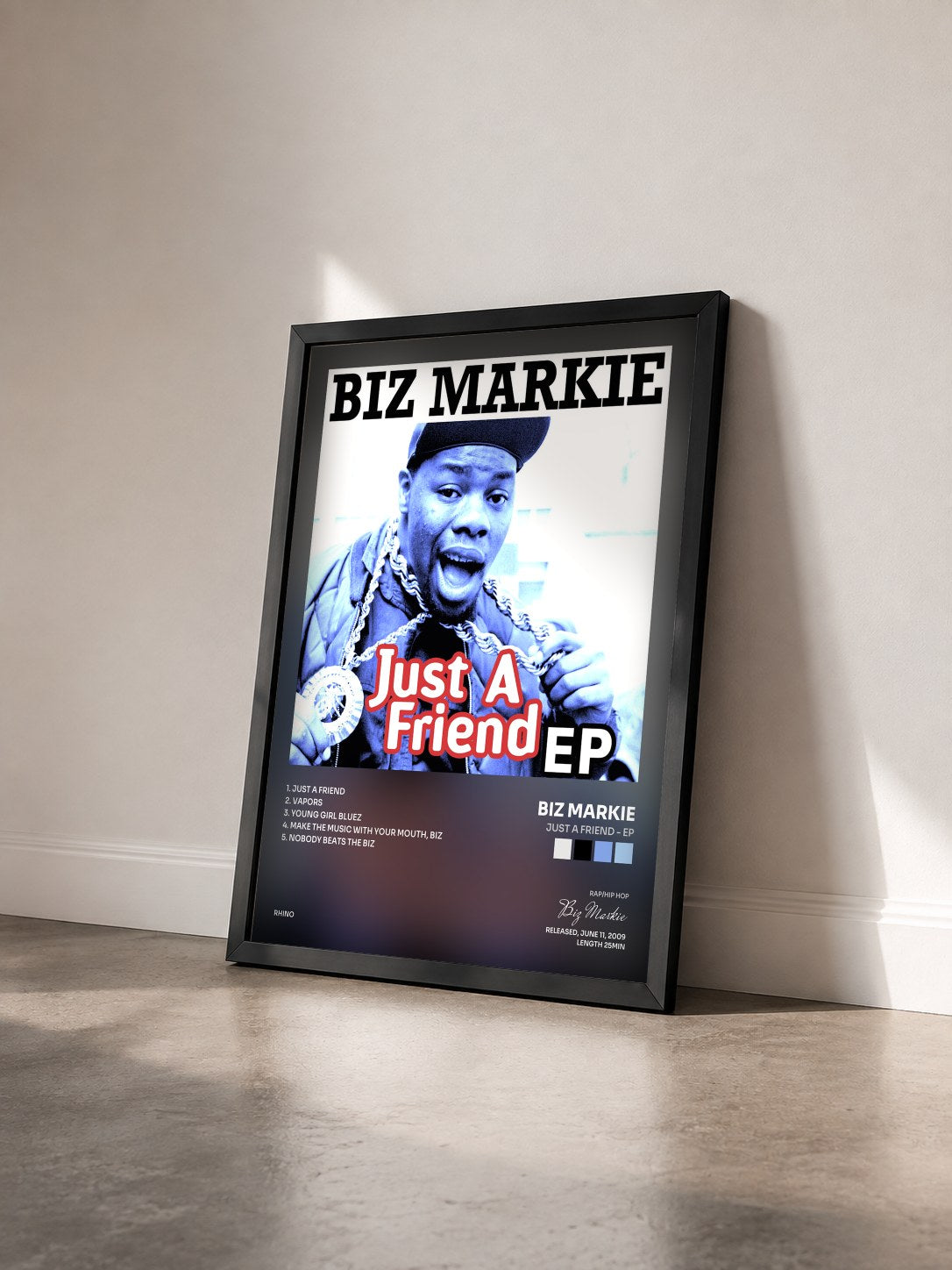 #noir Tableau de l'album Just a Friend - EP de Biz Markie vu de trois quarts, cadre noir