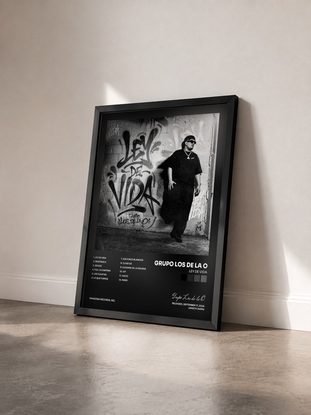#noir Tableau de l'album LEY DE VIDA de Grupo Los de la O vu de trois quarts, cadre noir