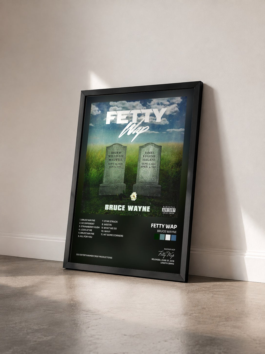 #noir Tableau de l'album Bruce Wayne de Fetty Wap vu de trois quarts, cadre noir
