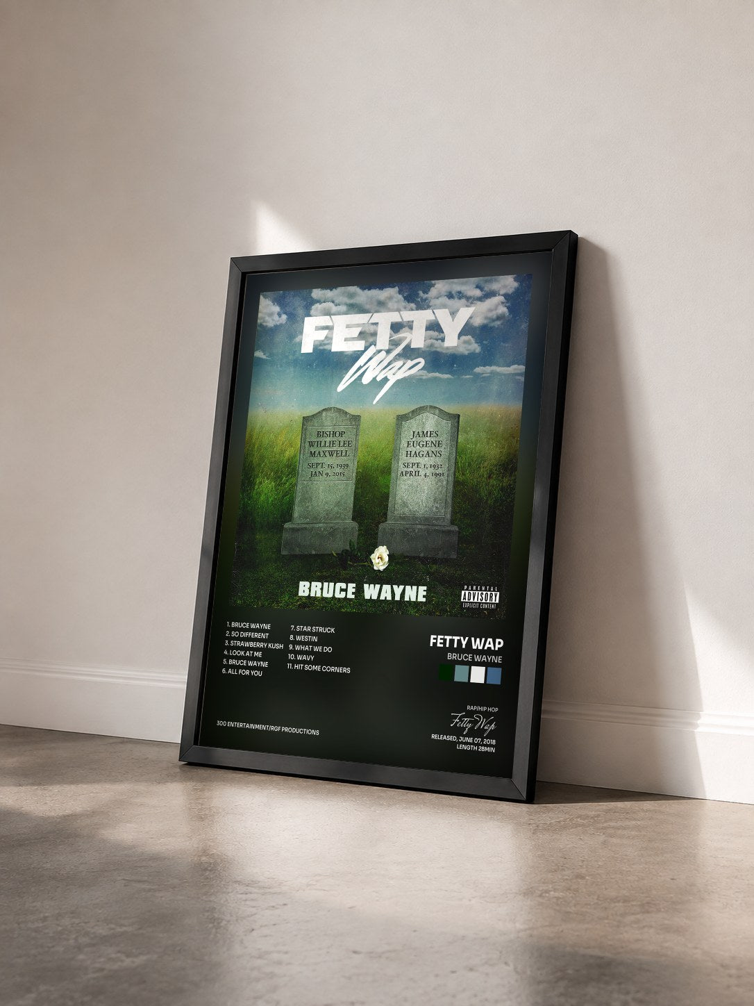 #noir Tableau de l'album Bruce Wayne de Fetty Wap vu de trois quarts, cadre noir