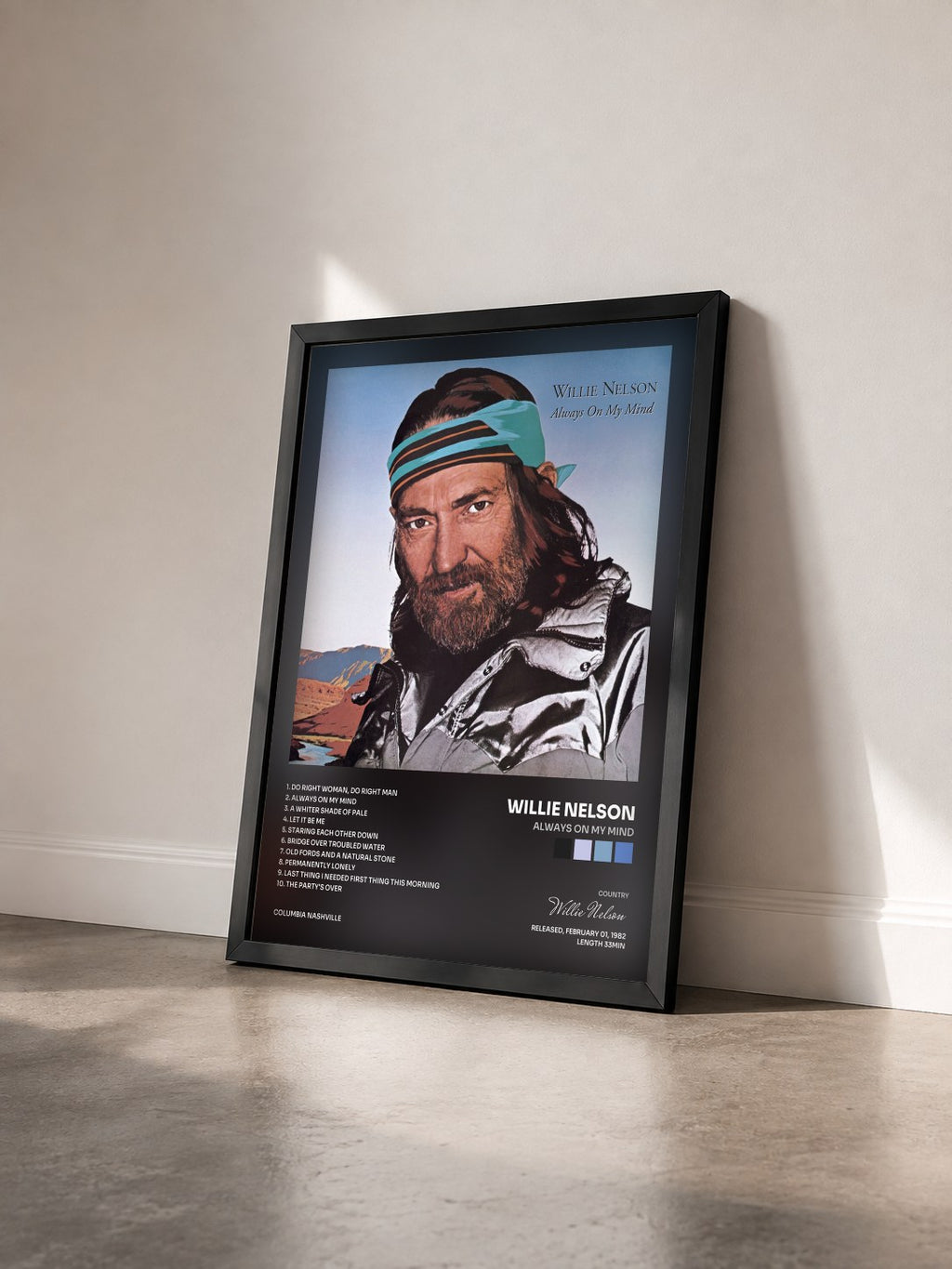 #noir Tableau de l'album Always On My Mind de Willie Nelson vu de trois quarts, cadre noir