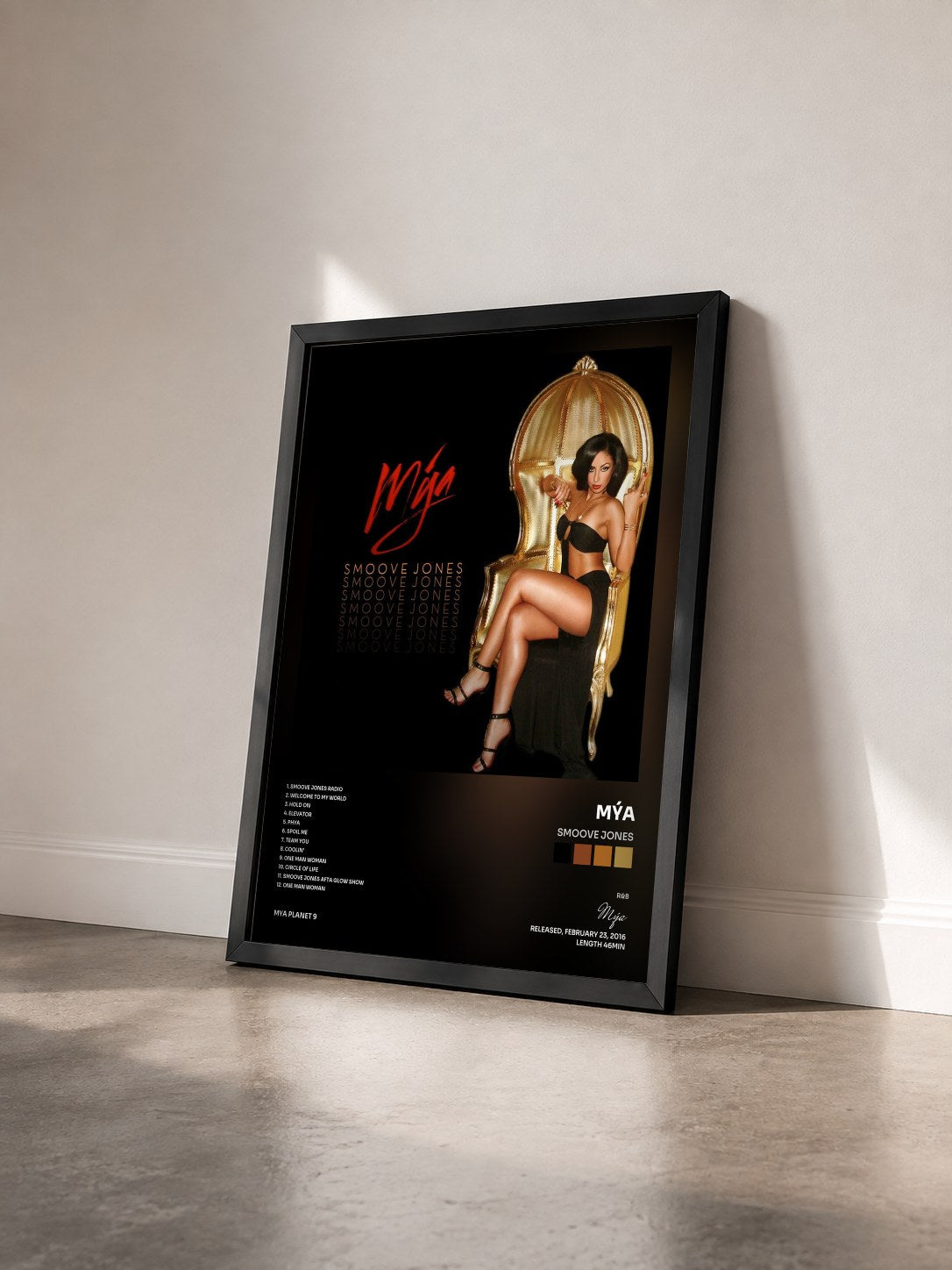 #noir Tableau de l'album Smoove Jones de Mýa vu de trois quarts, cadre noir
