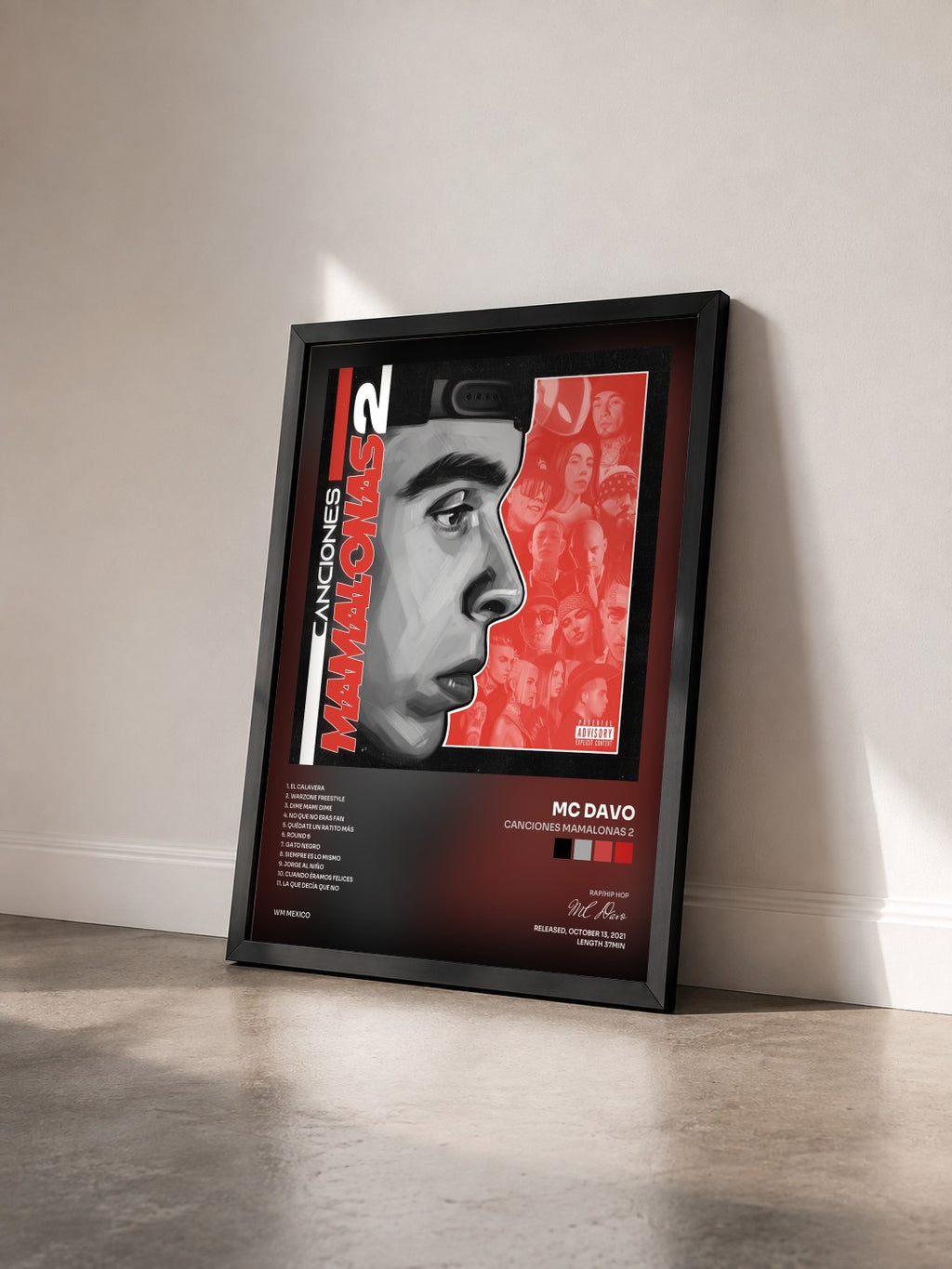 #noir Tableau de l'album Canciones Mamalonas 2 de MC Davo vu de trois quarts, cadre noir
