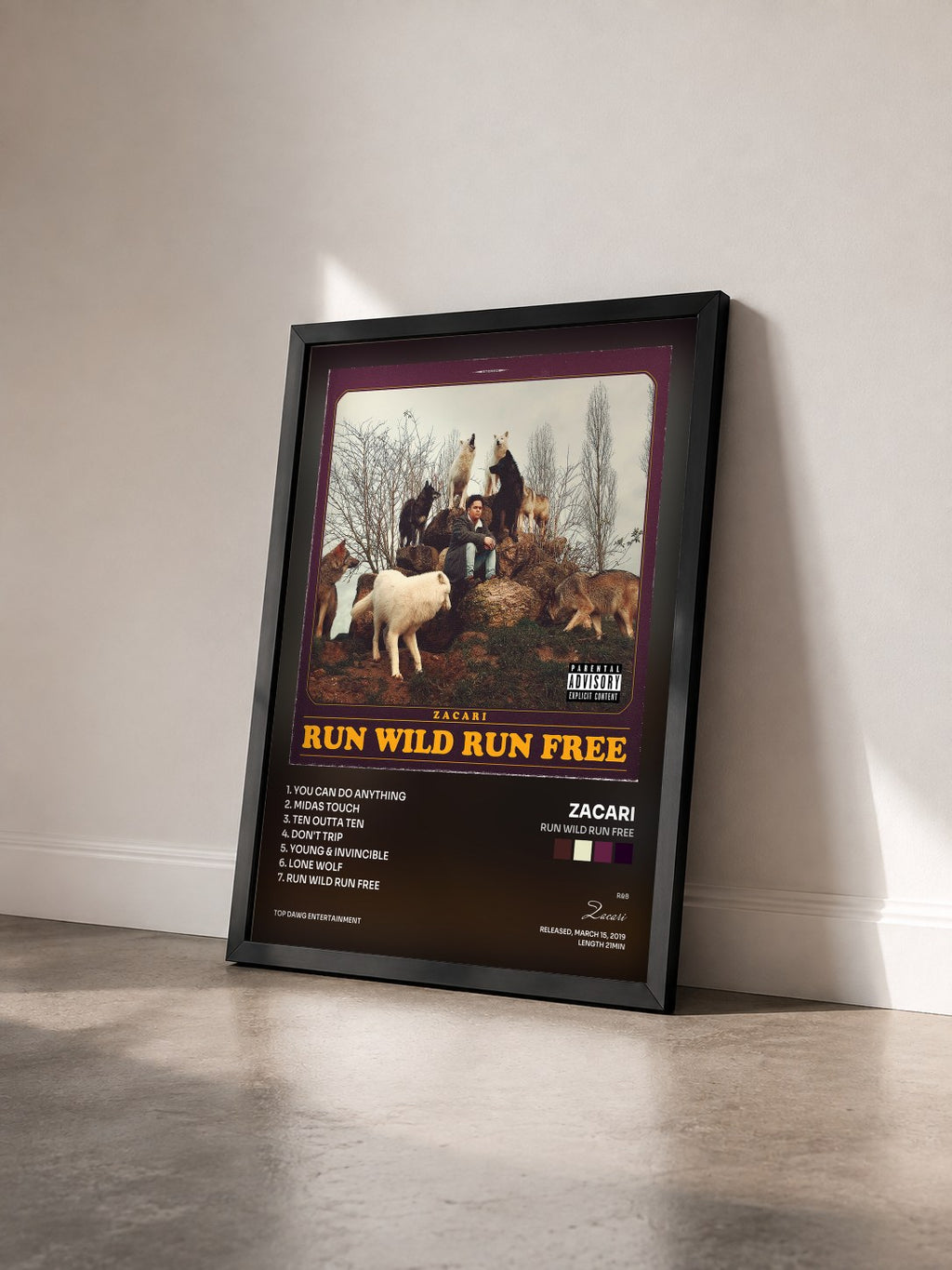 #noir Tableau de l'album Run Wild Run Free de Zacari vu de trois quarts, cadre noir