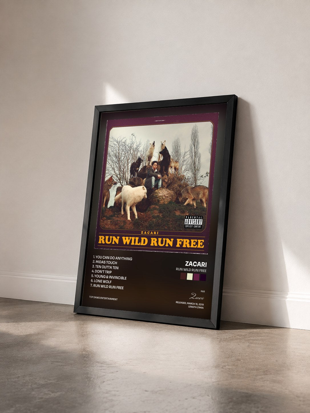 #noir Tableau de l'album Run Wild Run Free de Zacari vu de trois quarts, cadre noir