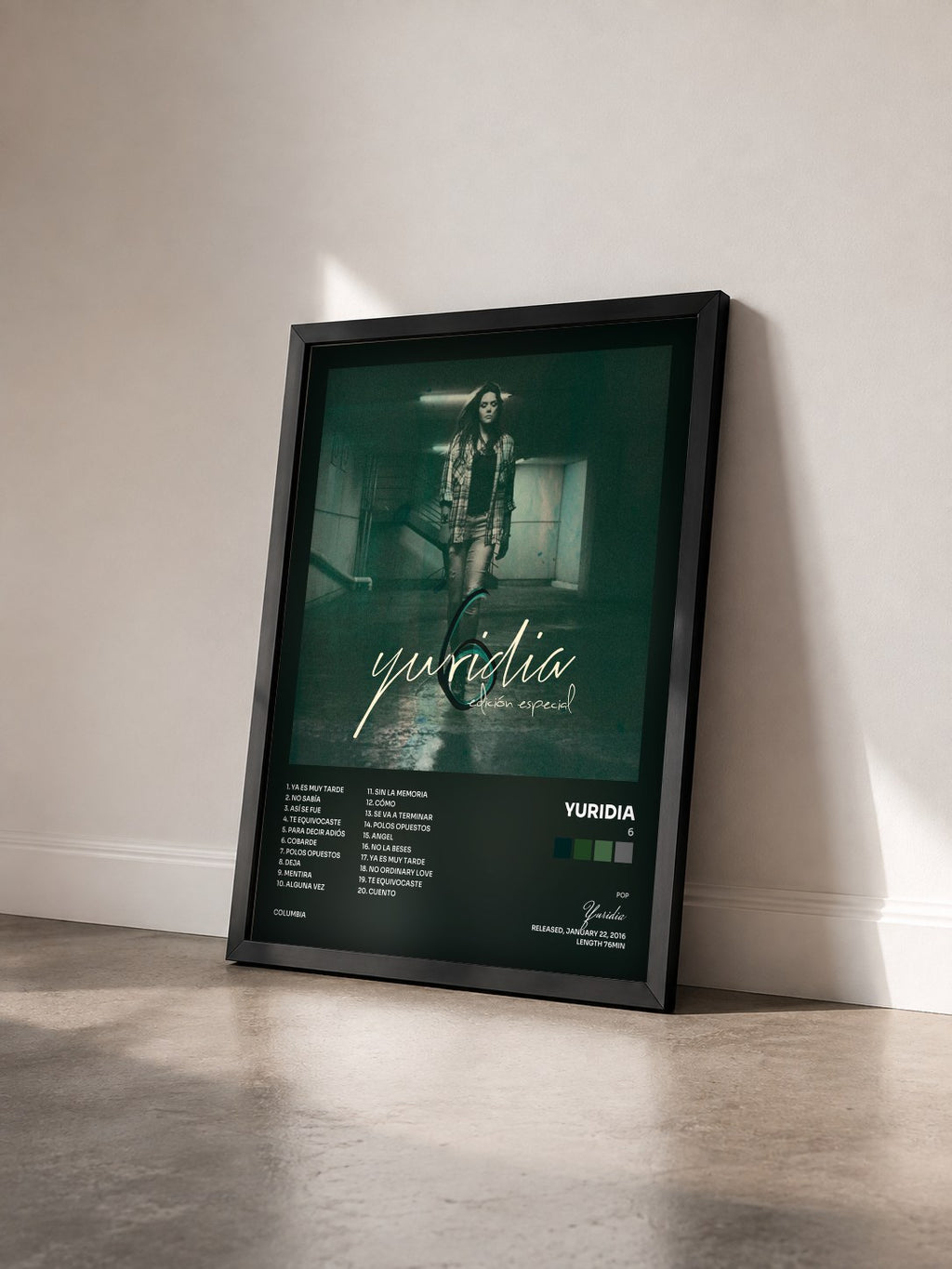 #noir Tableau de l'album 6 de Yuridia vu de trois quarts, cadre noir