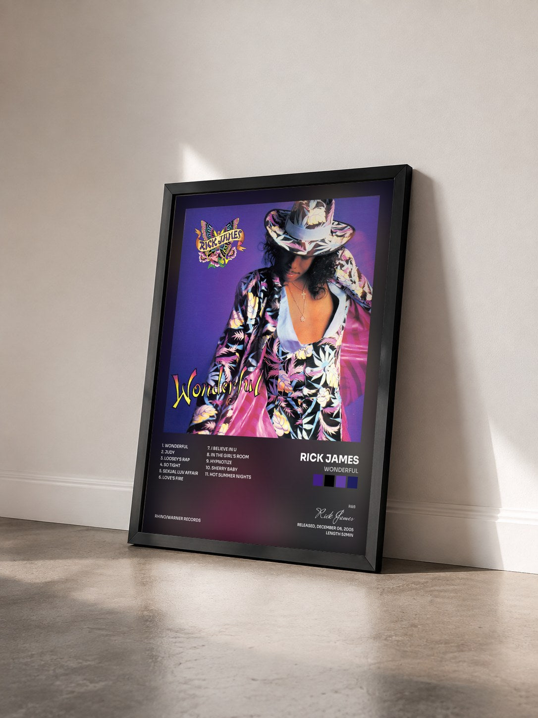 #noir Tableau de l'album Wonderful de Rick James vu de trois quarts, cadre noir