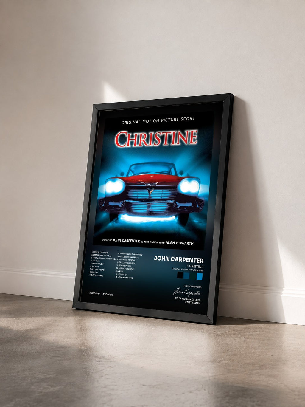 #noir Tableau de l'album Christine (Original Motion Picture Score) de John Carpenter vu de trois quarts, cadre noir