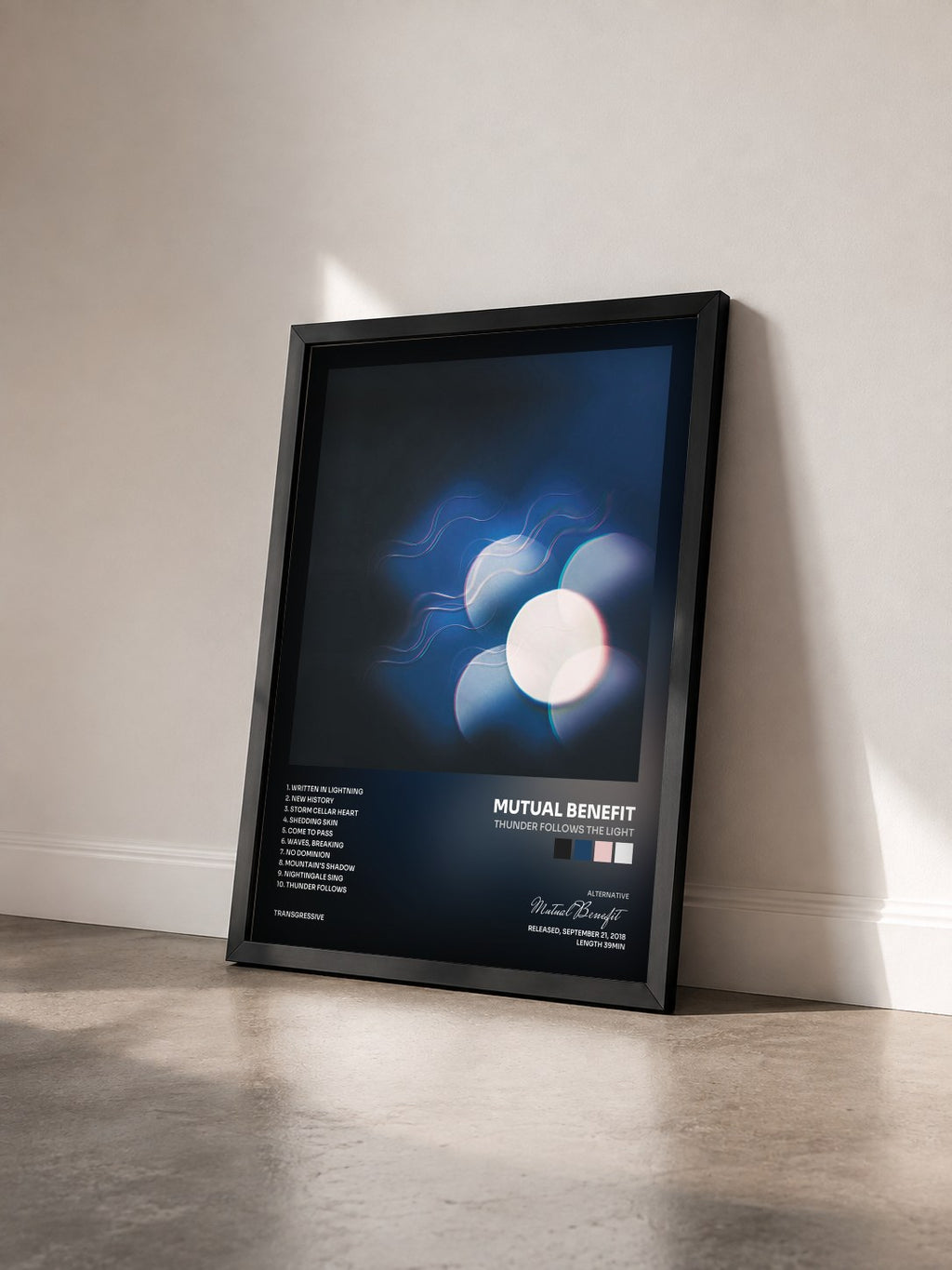 #noir Tableau de l'album Thunder Follows the Light de Mutual Benefit vu de trois quarts, cadre noir