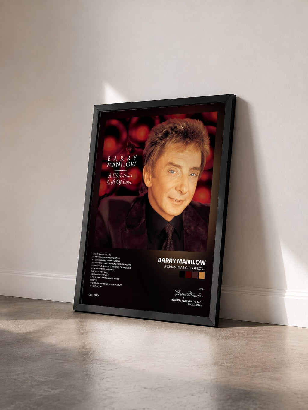 #noir Tableau de l'album A Christmas Gift Of Love de Barry Manilow vu de trois quarts, cadre noir