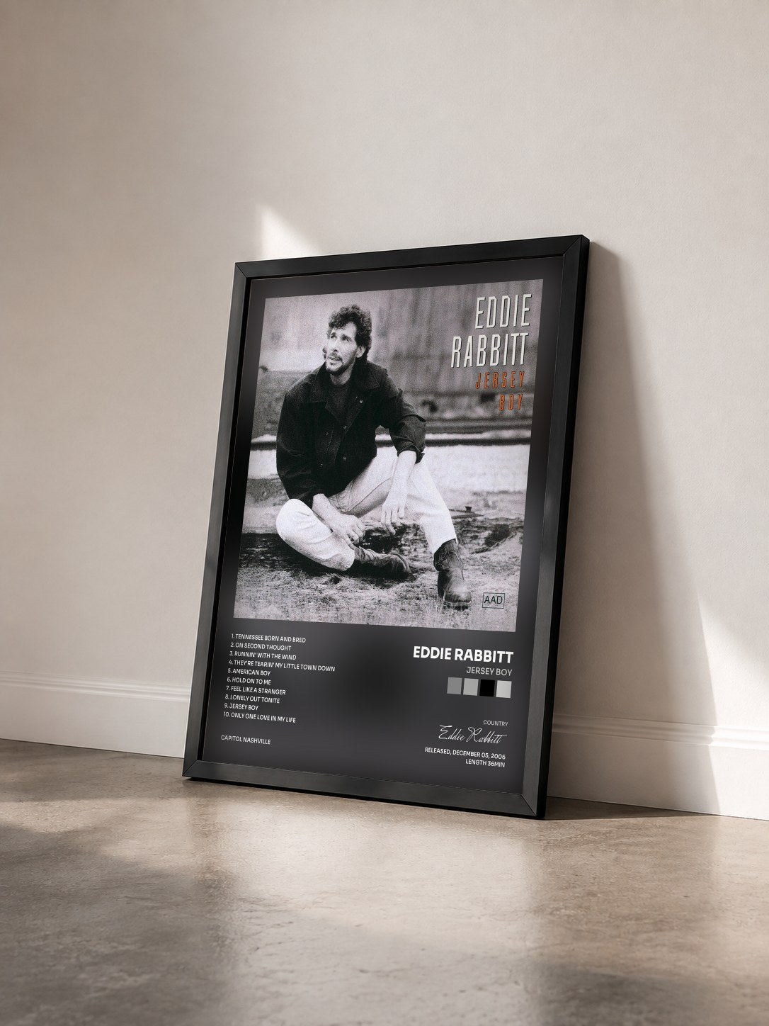 #noir Tableau de l'album Jersey Boy de Eddie Rabbitt vu de trois quarts, cadre noir