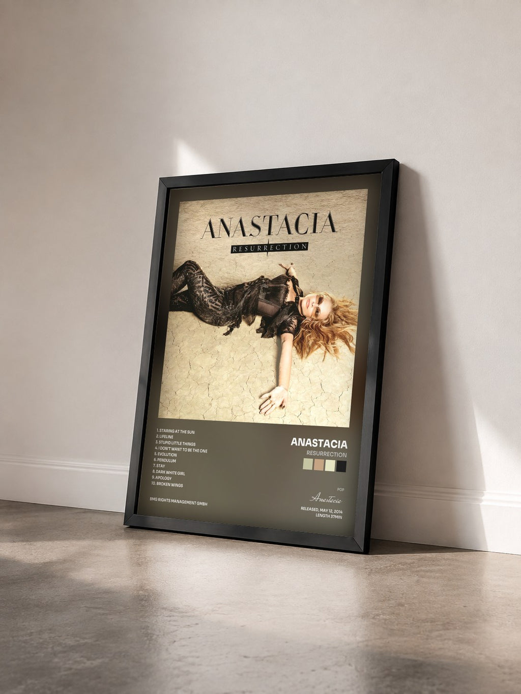 #noir Tableau de l'album Resurrection de Anastacia vu de trois quarts, cadre noir