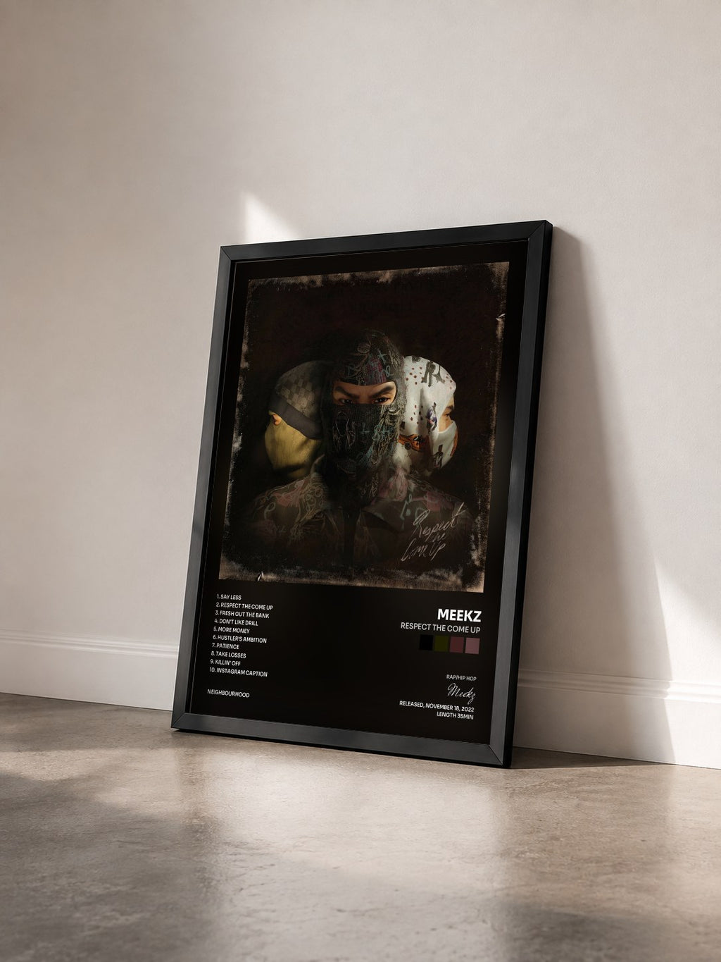 #noir Tableau de l'album Respect The Come Up de Meekz vu de trois quarts, cadre noir