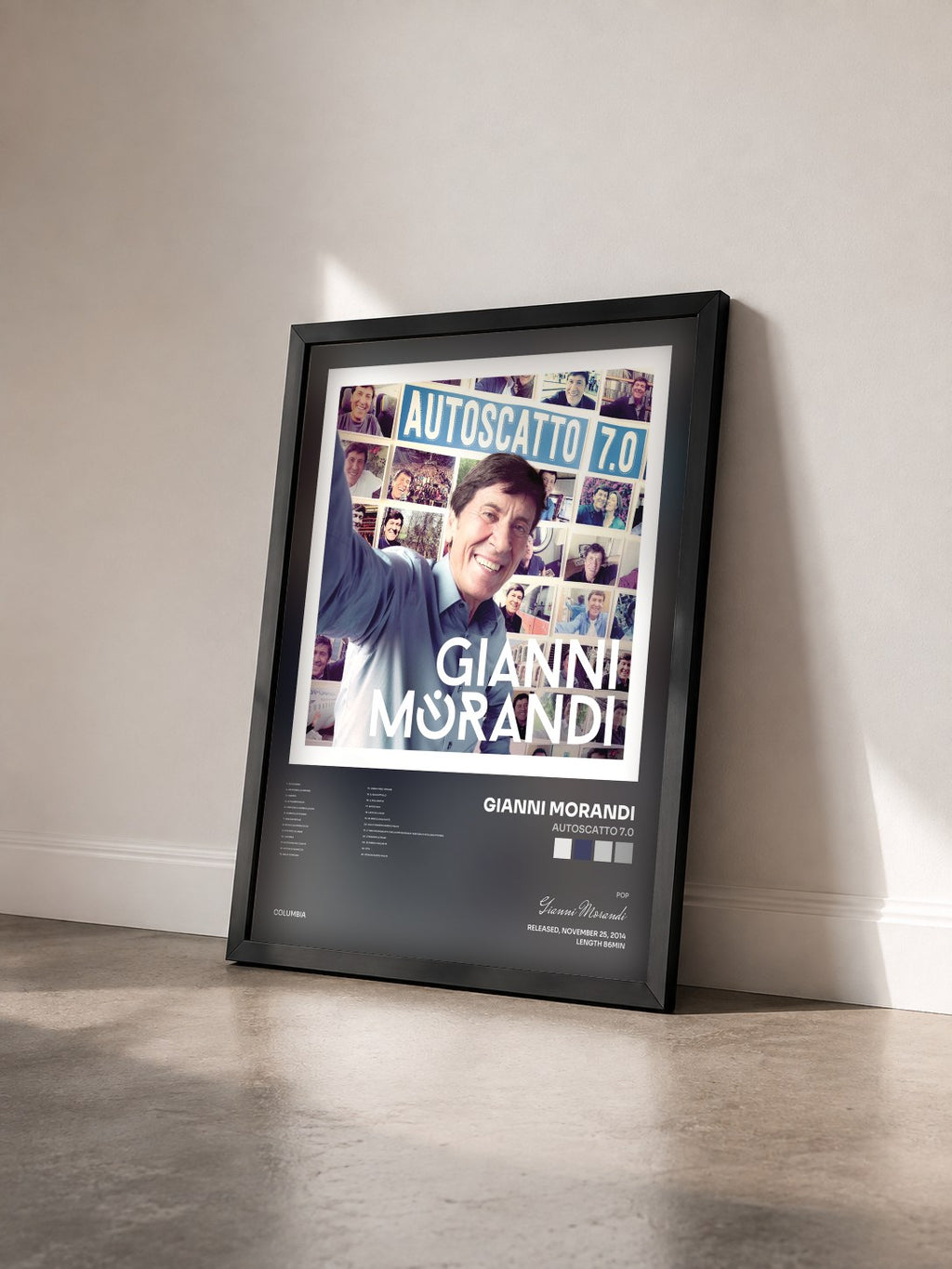 #noir Tableau de l'album Autoscatto 7.0 de Gianni Morandi vu de trois quarts, cadre noir