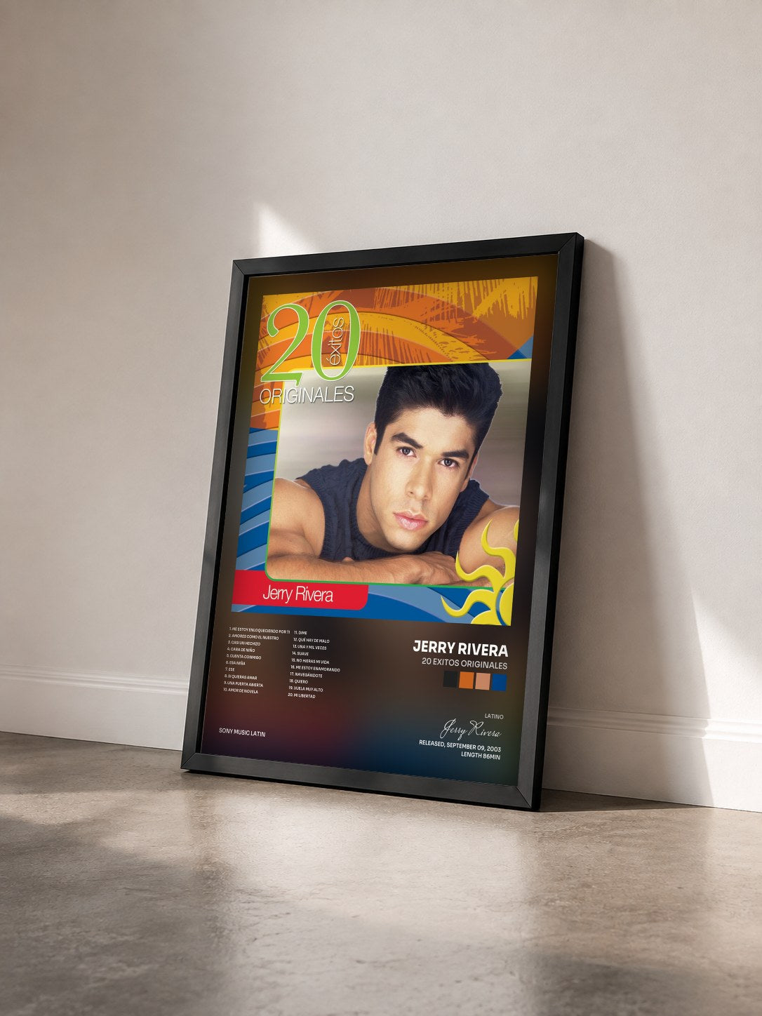 #noir Tableau de l'album 20 Exitos Originales de Jerry Rivera vu de trois quarts, cadre noir