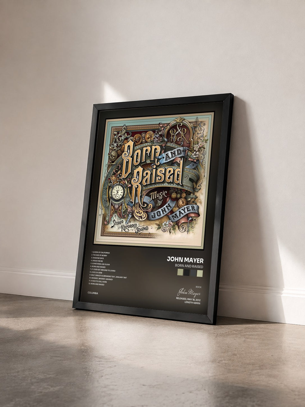 #noir Tableau de l'album Born and Raised de John Mayer vu de trois quarts, cadre noir