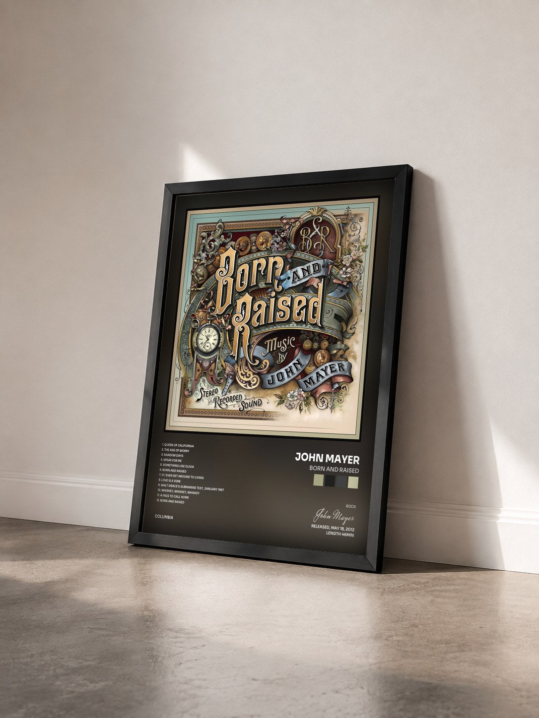 #noir Tableau de l'album Born and Raised de John Mayer vu de trois quarts, cadre noir