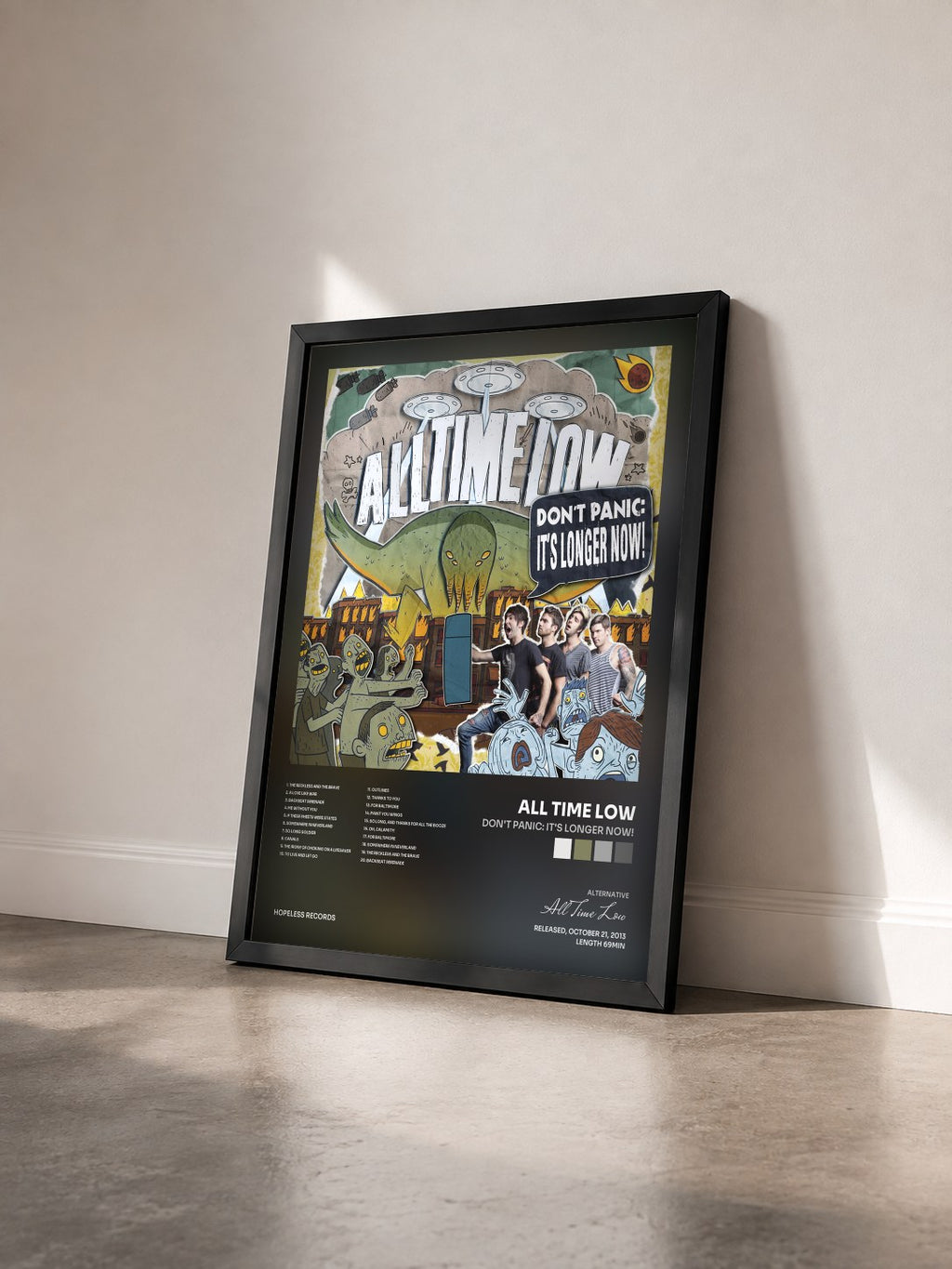 #noir Tableau de l'album Don't Panic: It's Longer Now! de All Time Low vu de trois quarts, cadre noir