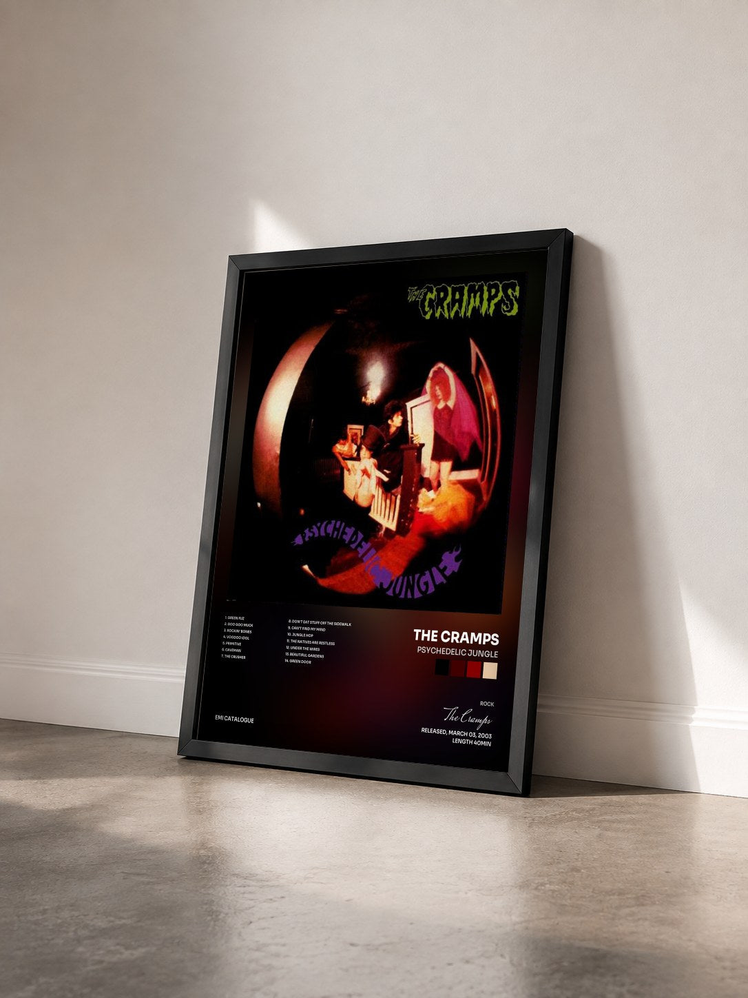 #noir Tableau de l'album Psychedelic Jungle de The Cramps vu de trois quarts, cadre noir
