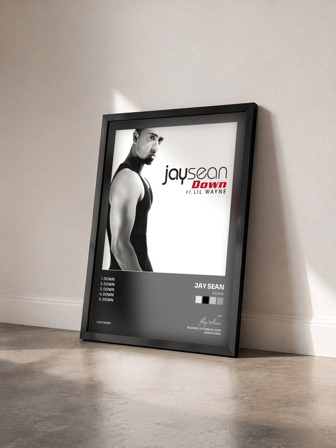 #noir Tableau de l'album Down de Jay Sean vu de trois quarts, cadre noir