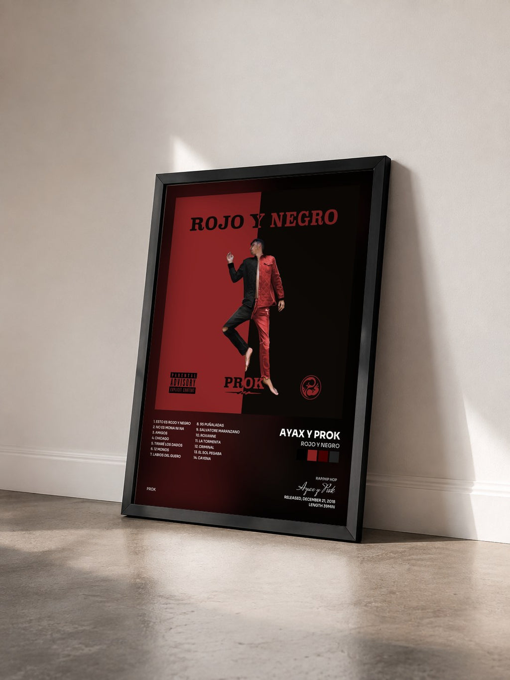 #noir Tableau de l'album Rojo y Negro de Ayax y Prok vu de trois quarts, cadre noir