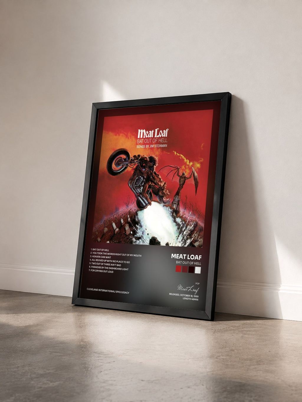 #noir Tableau de l'album Bat Out Of Hell de Meat Loaf vu de trois quarts, cadre noir