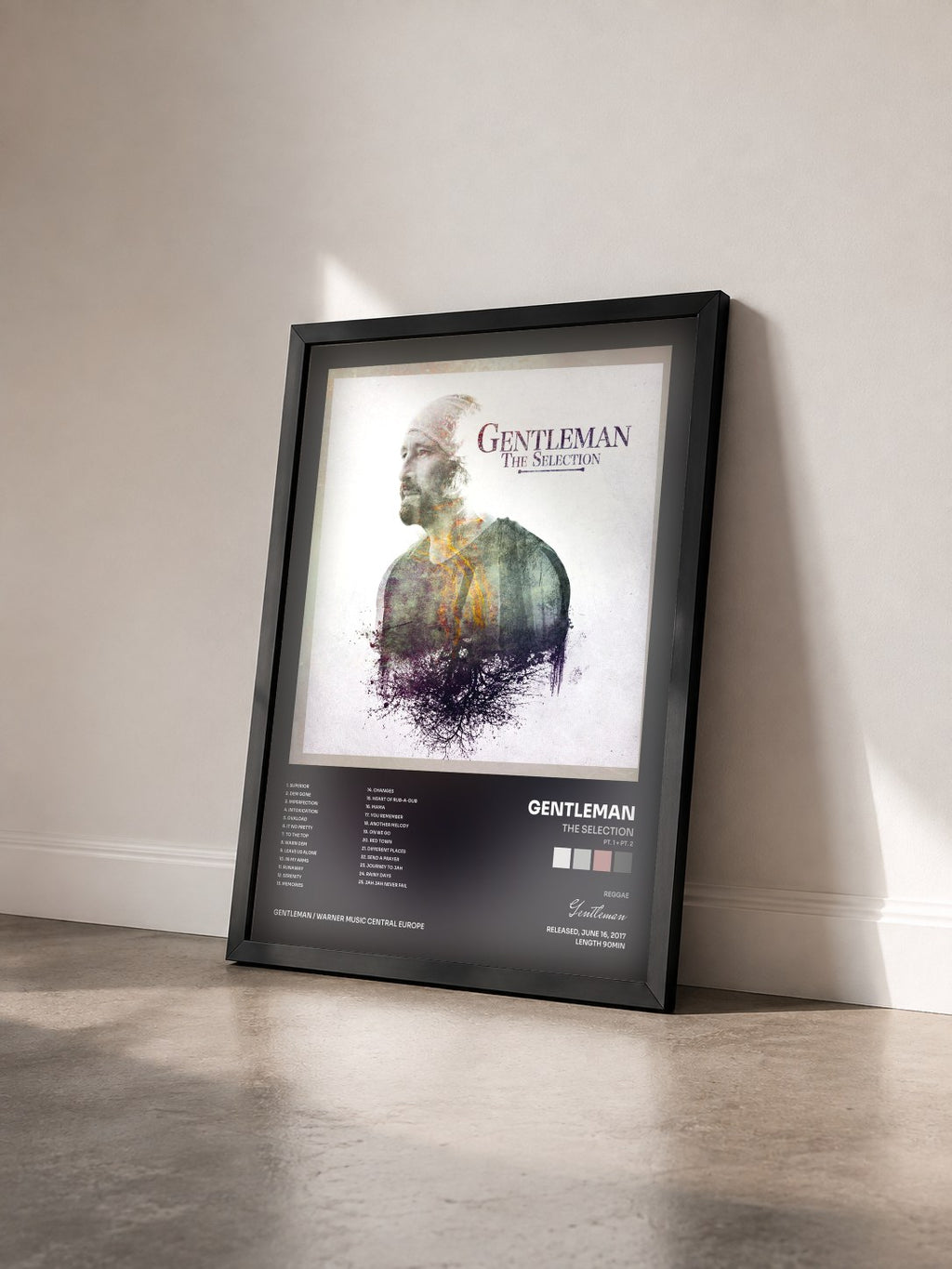 #noir Tableau de l'album The Selection (Pt. 1 + Pt. 2) de Gentleman vu de trois quarts, cadre noir