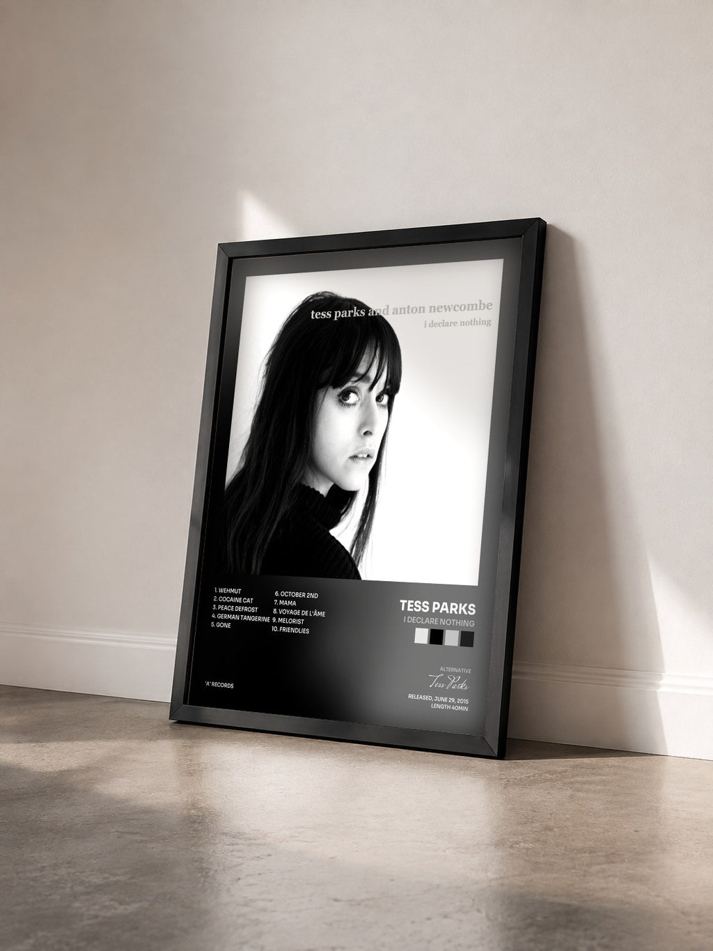 #noir Tableau de l'album I Declare Nothing de Tess Parks vu de trois quarts, cadre noir