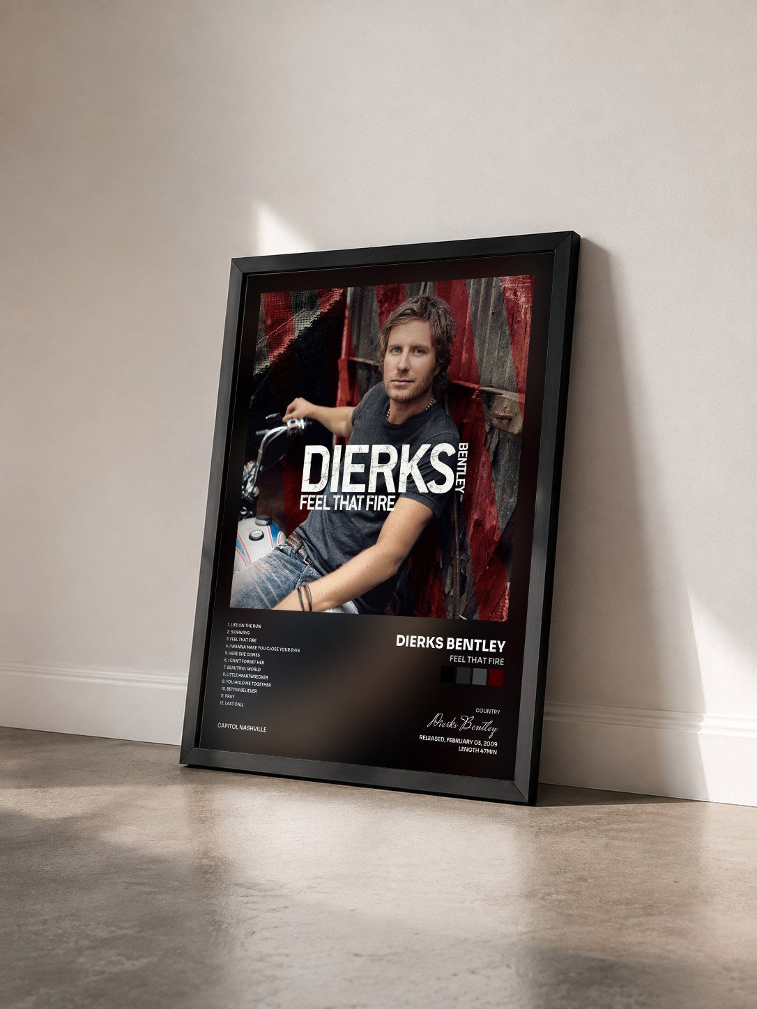 #noir Tableau de l'album Feel That Fire de Dierks Bentley vu de trois quarts, cadre noir