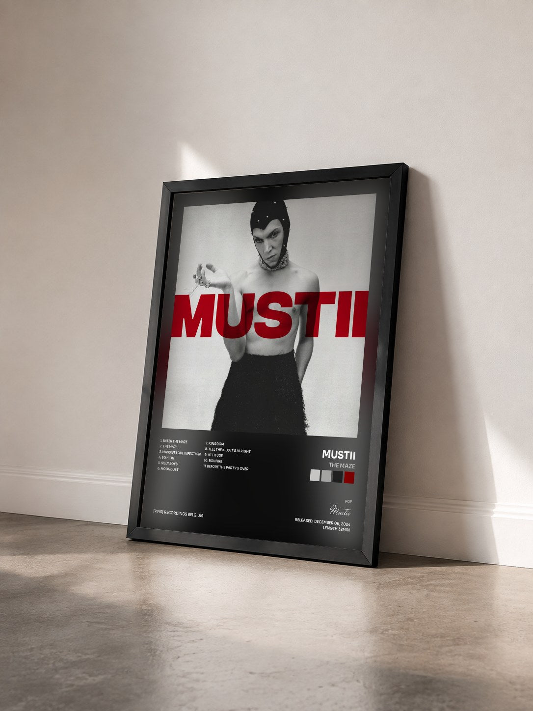 #noir Tableau de l'album THE MAZE de Mustii vu de trois quarts, cadre noir