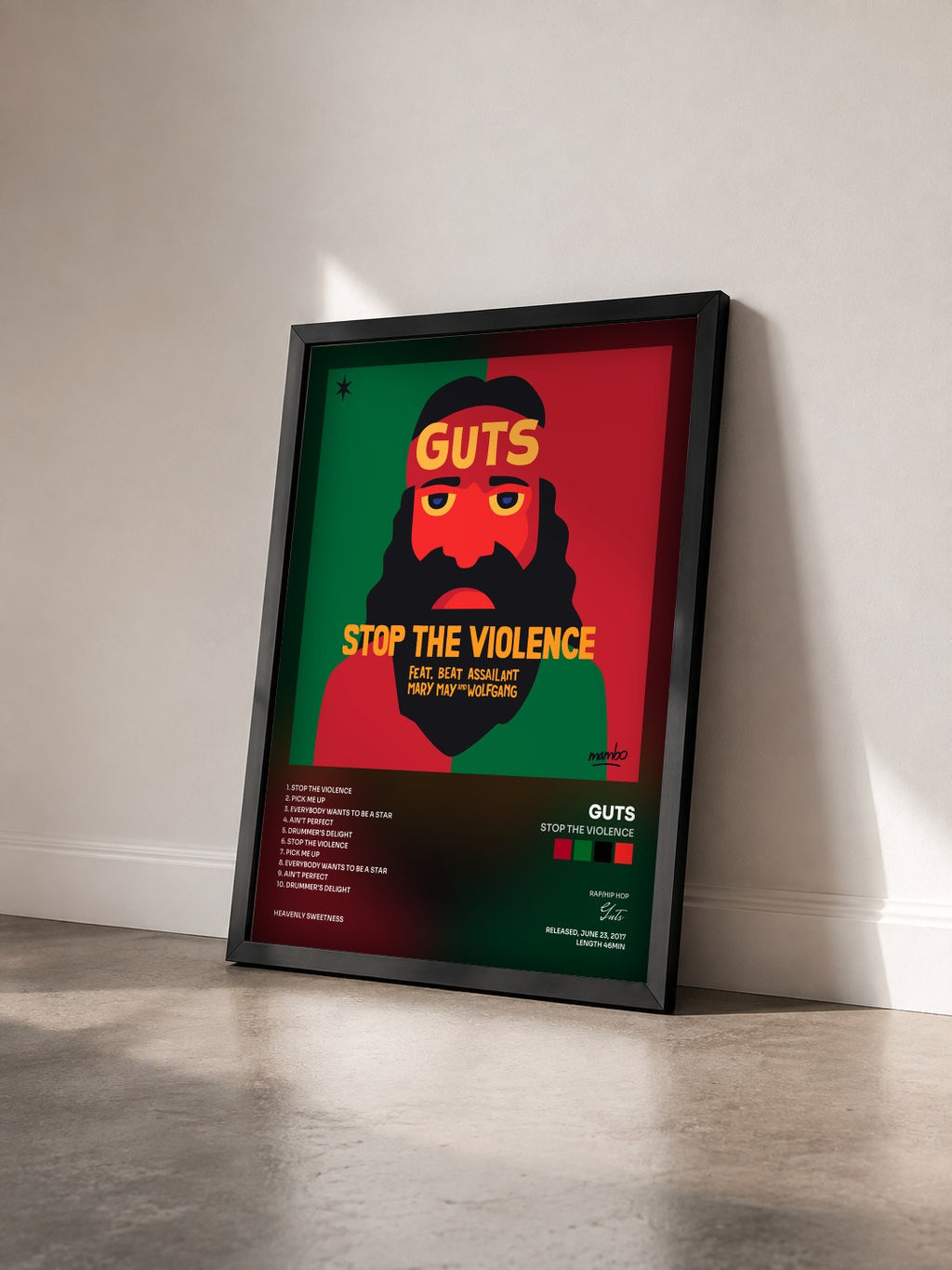 #noir Tableau de l'album Stop the Violence de Guts vu de trois quarts, cadre noir