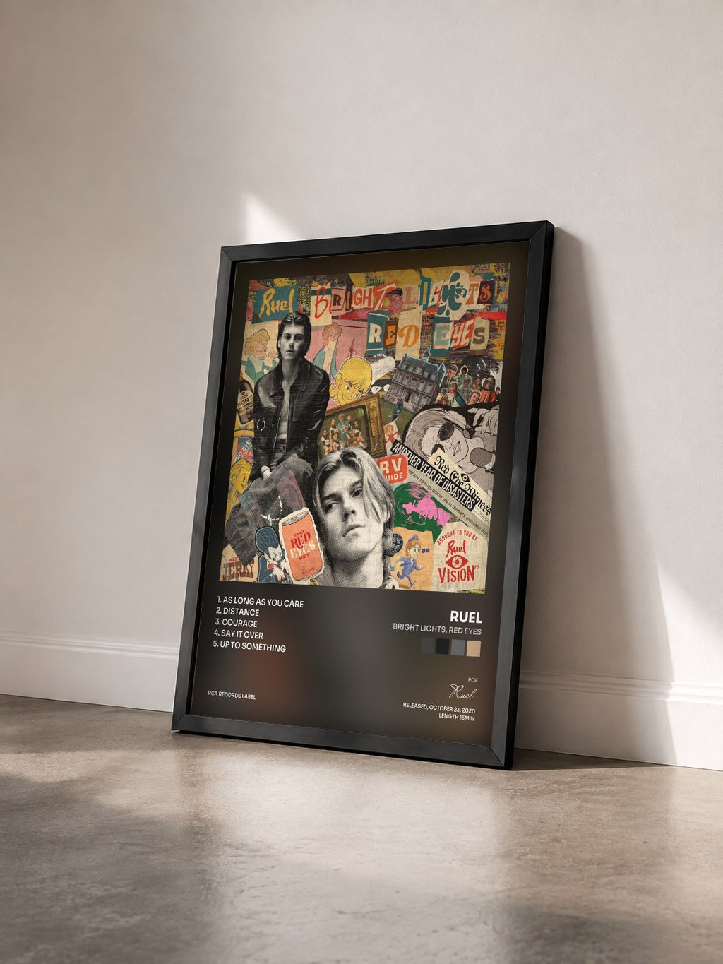 #noir Tableau de l'album Bright Lights, Red Eyes de Ruel vu de trois quarts, cadre noir