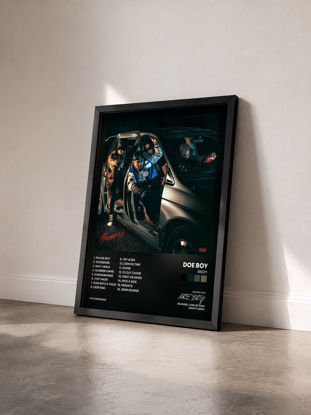 #noir Tableau de l'album BEEZY de DOE BOY vu de trois quarts, cadre noir