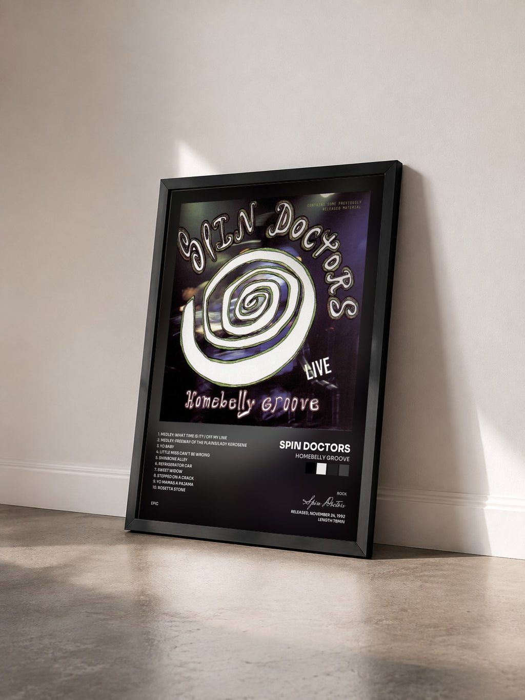 #noir Tableau de l'album HOMEBELLY GROOVE de Spin Doctors vu de trois quarts, cadre noir