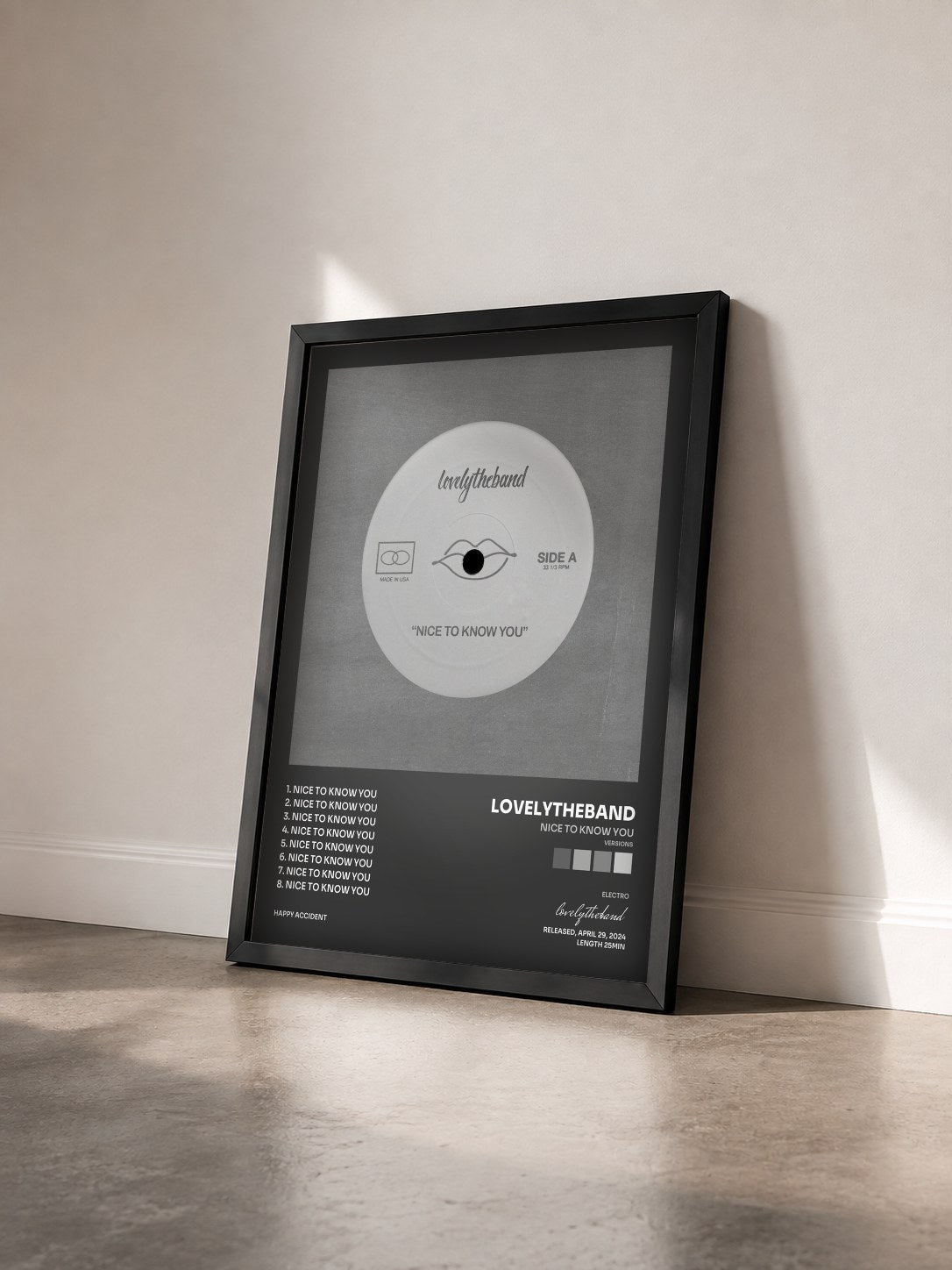 #noir Tableau de l'album nice to know you (versions) de lovelytheband vu de trois quarts, cadre noir