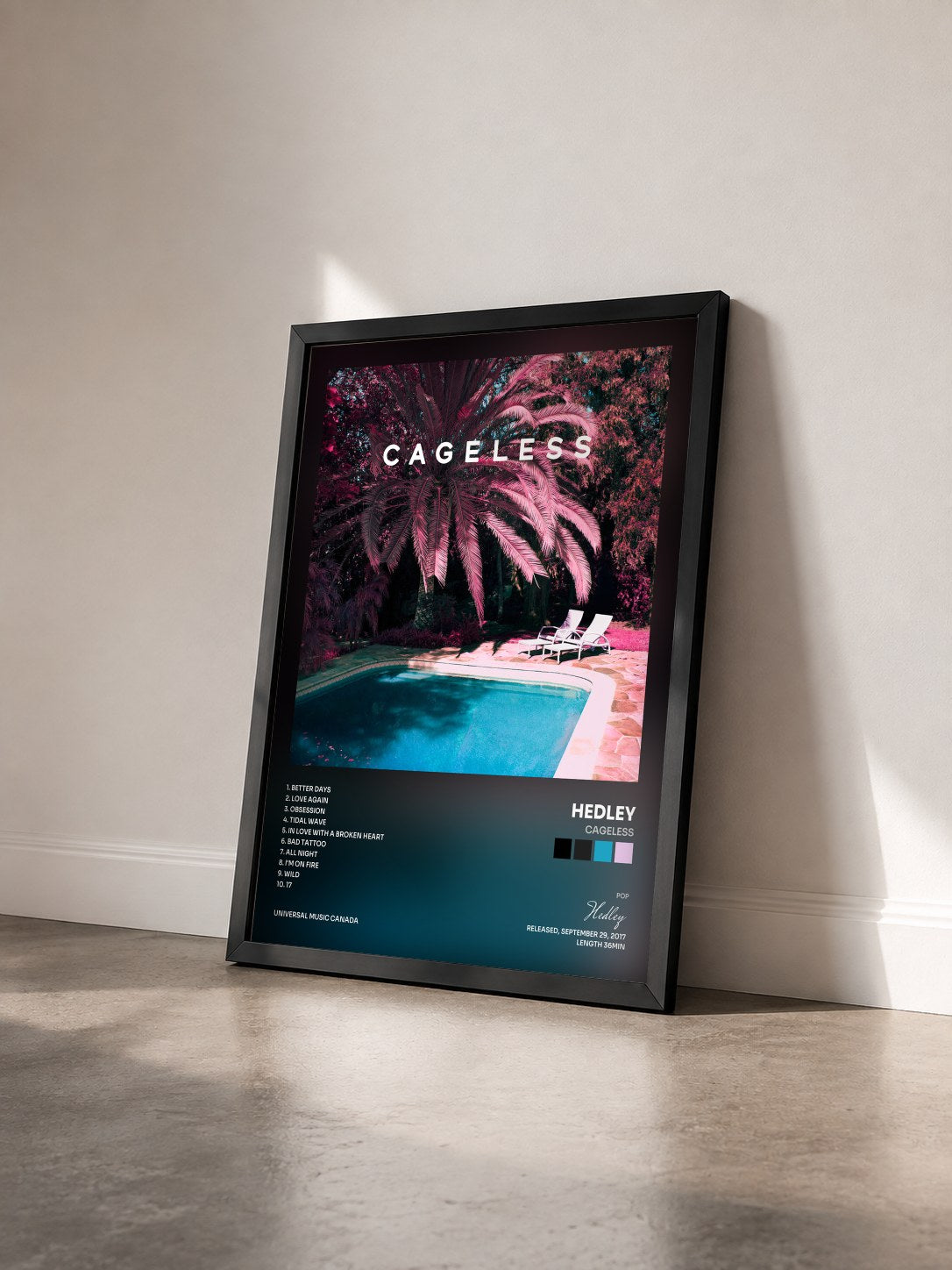 #noir Tableau de l'album Cageless de Hedley vu de trois quarts, cadre noir