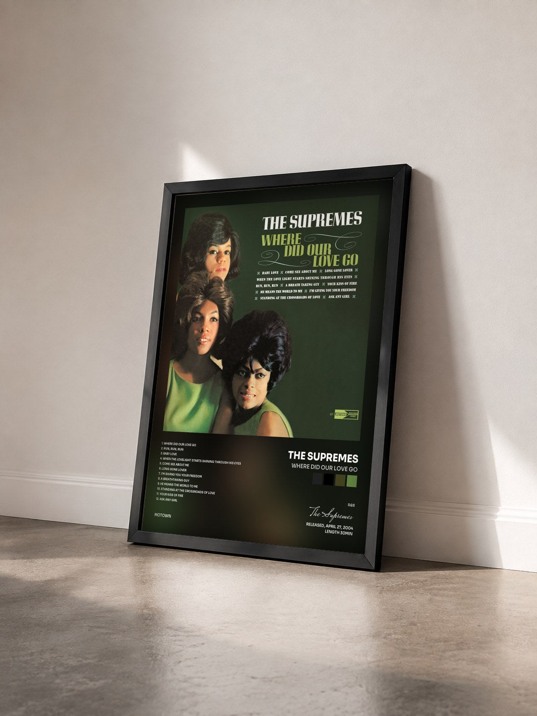 #noir Tableau de l'album Where Did Our Love Go de The Supremes vu de trois quarts, cadre noir