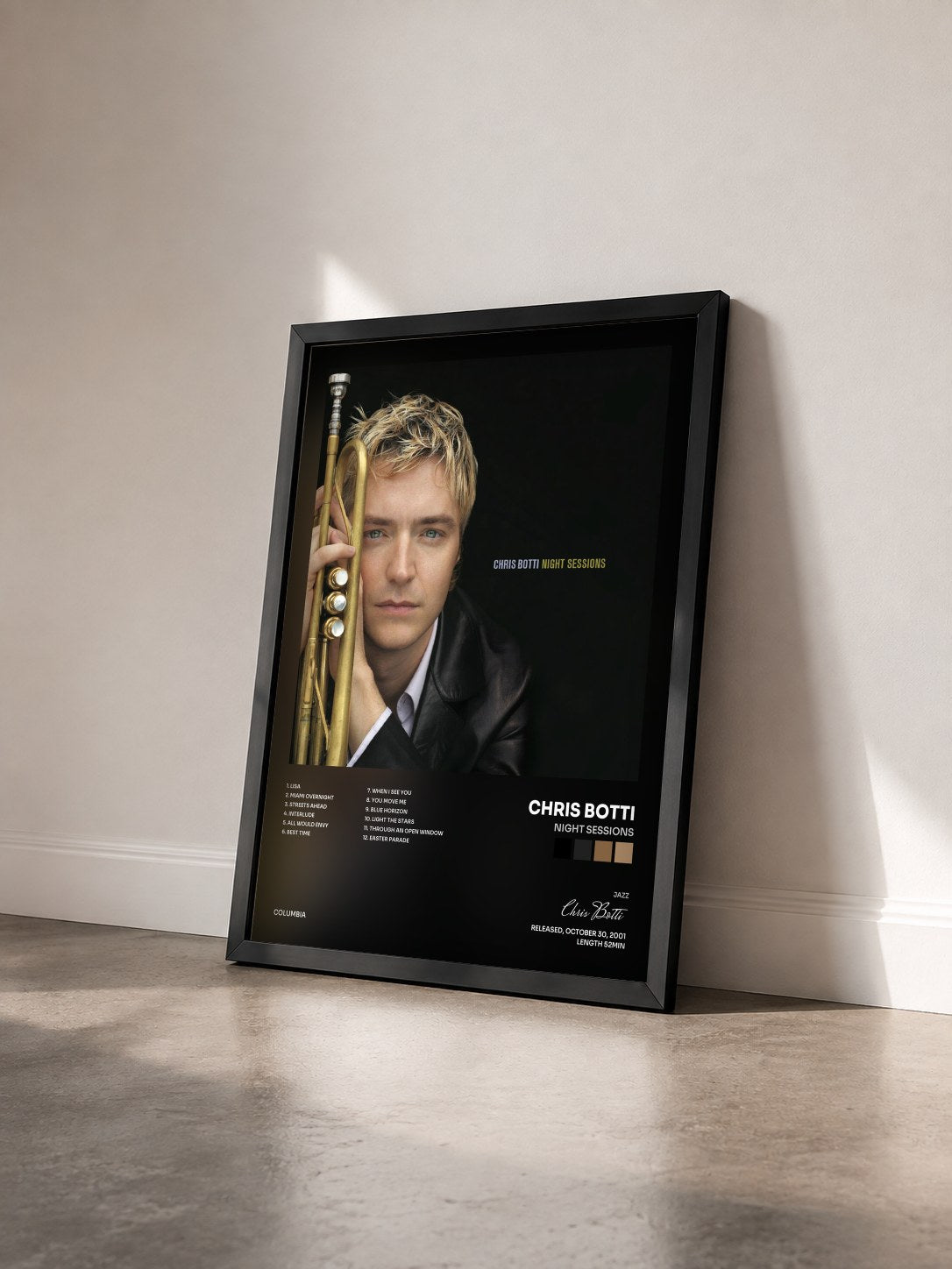 #noir Tableau de l'album Night Sessions de Chris Botti vu de trois quarts, cadre noir