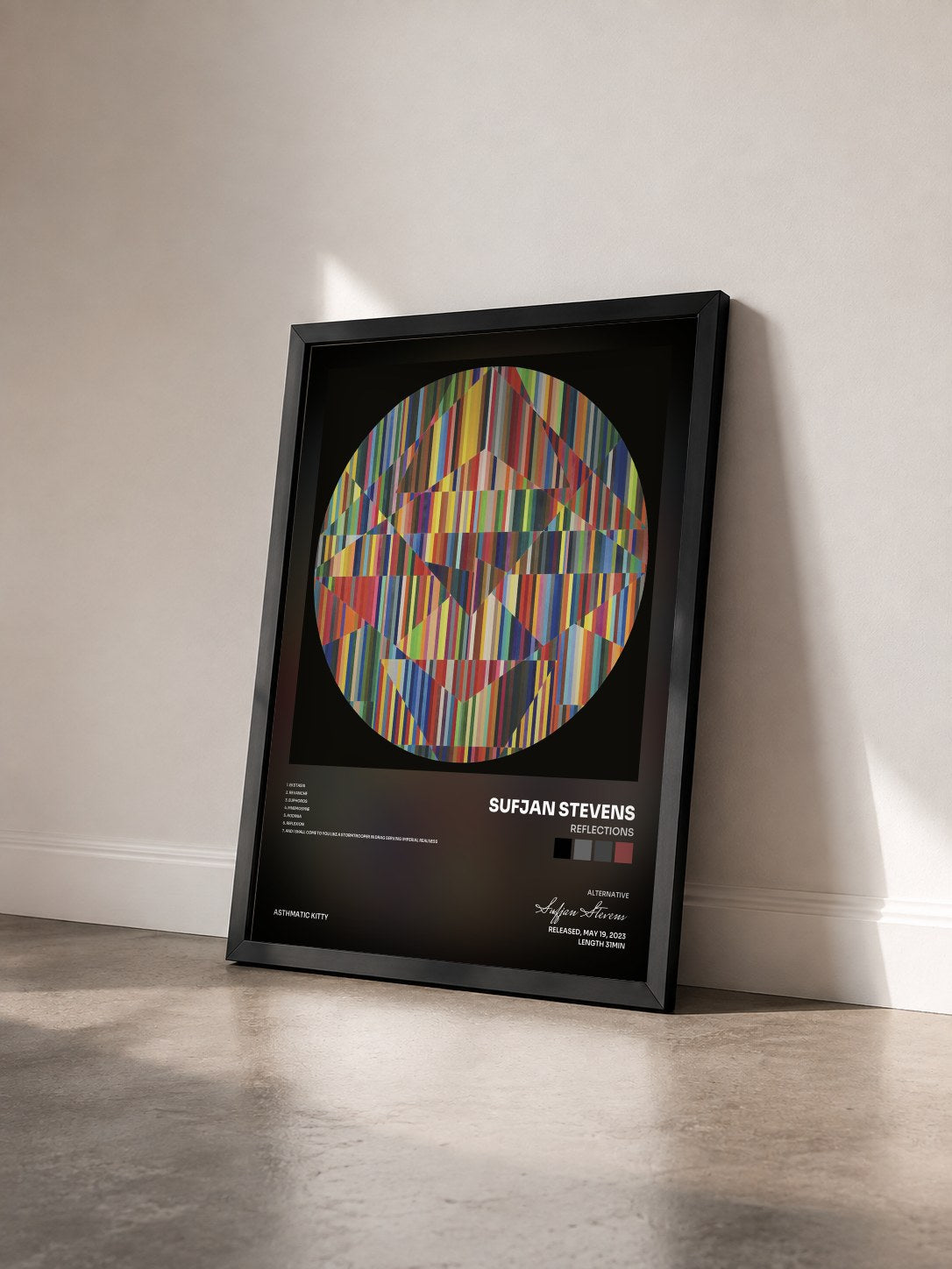 #noir Tableau de l'album Reflections de Sufjan Stevens vu de trois quarts, cadre noir