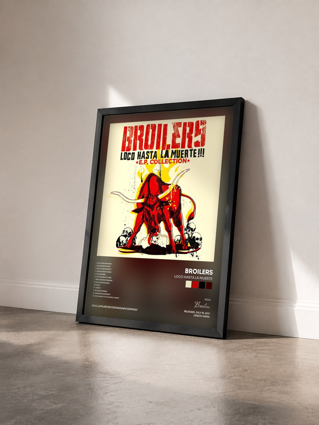 #noir Tableau de l'album Loco Hasta La Muerte de Broilers vu de trois quarts, cadre noir