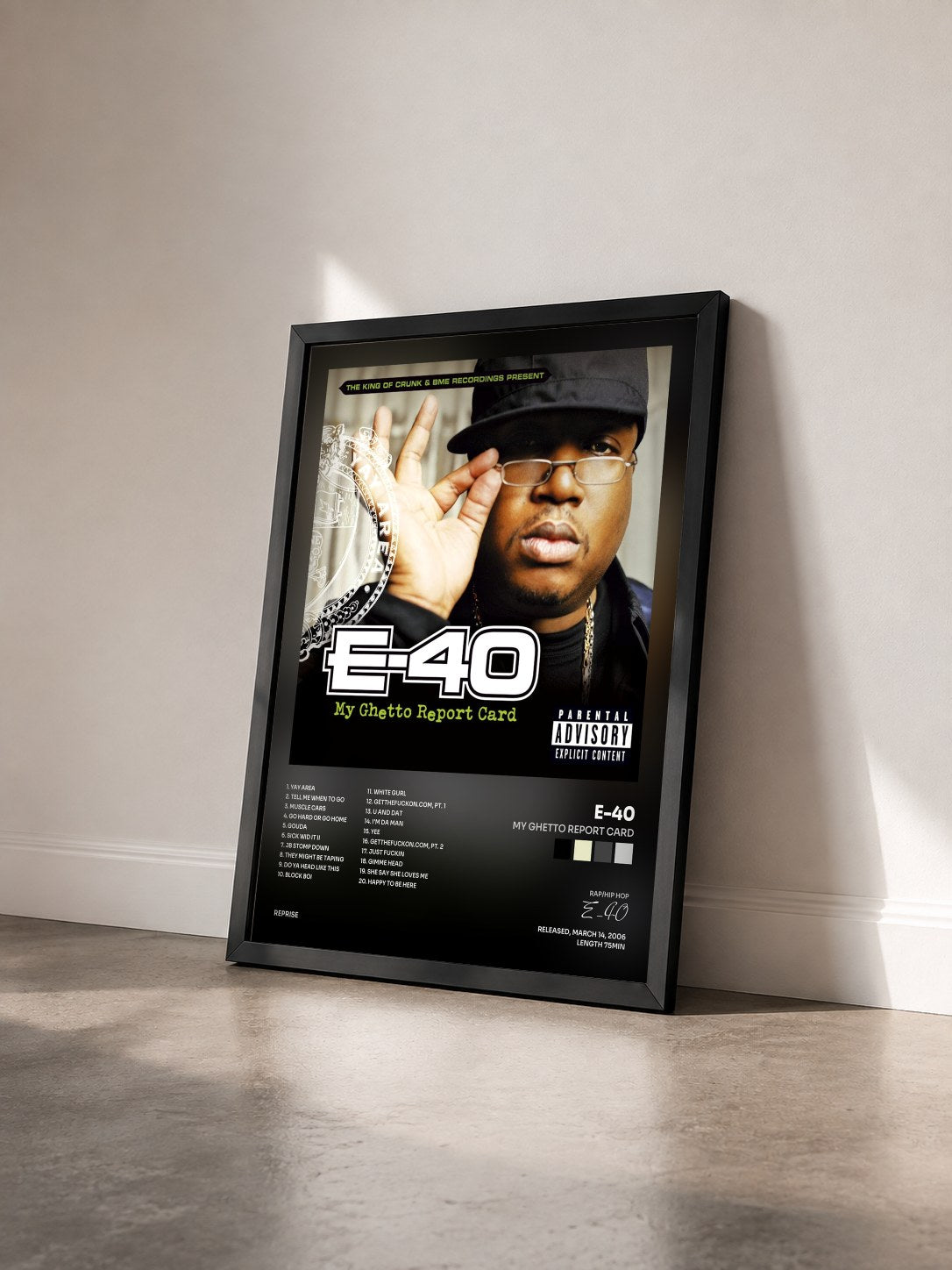 #noir Tableau de l'album My Ghetto Report Card de E-40 vu de trois quarts, cadre noir